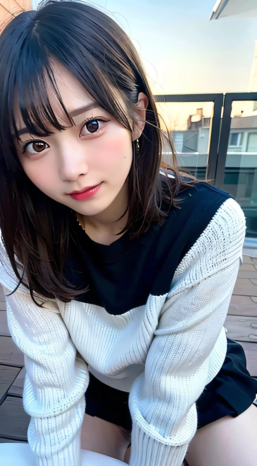 (8k, RAW Photos:1.2),Detailed face and eyes,最high quality, 超A high resolution, Very detailed ,Intricate details ,Tabletop ,pretty girl , Soft cinematic light, Hyper Detail,Sharp focus, high quality,Black-haired, Short hair with bangs, outside, knit, mini skirt, panties, Peeking from below