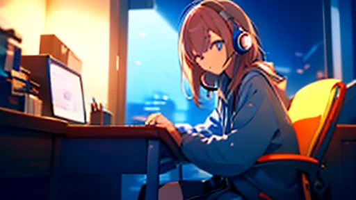 Night in a room with mood lighting、Put on your headset、Sit in a chair in front of the desk.、Girl studying on a computer,