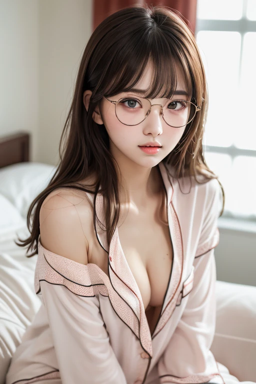 masterpiece, highest quality, (Beautiful woman:1.3), (24-years-old:1.3), Very fine grain definition, (Symmetrical eyes:1.3), (Upper Body:1.2),  (pajamas, white pajamas:1.3), Brown eyes, Parted bangs, Brown Hair, Delicate girl, (Eye and facial details:1.0), (RAW Photos, Professional Lighting, Film Grain, chromatic aberration)、(open clothes、undressing、cleavage、messy hair、strap slip 、embarrassed、blush)、Hospital bed、Beautiful clavicle、No makeup、freckles、Round Glasses