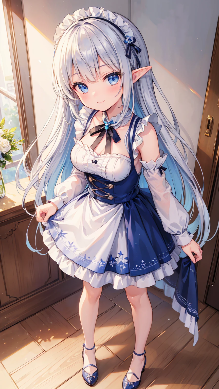 (((masterpiece))), (((highest quality))), ((Very detailed)), Very delicate light, finely Fine grain and Detailed face, Detailed light, (Best Shadow), beautiful fine details, (Detailed body), Detailed face, (colorful), beautiful detailed hair,
Detailed Background:1.3, Fantasy, (Particles of light),
(Ray Tracing:1.2), one personの女の子, (beautiful, Fine grain:1.2), Maid, mini skirt,cute、Silver Hair、Big Breasts、valley、Nice、blue eyes、one person、Long Hair、(Full body portrait),(Are standing:1.3)、Absolute area、Elf、smile