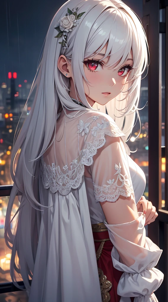 masterpiece, best quality, extremely detailed, cinematic lightning, intricate detail, highres, official art, finely detailed beautiful face and eyes, high resolution illustration, 8k, depth of field, bokeh, solo, 1girl, a girl with white hair and red eyes, long white hair, beautiful red eyes, beautiful landscape, rainy city, upper body, looking at viewer, close up
