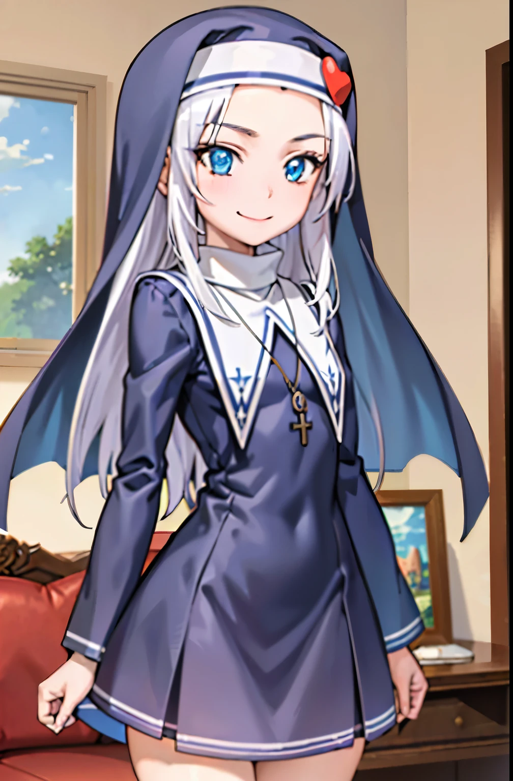 (best quality:1.1), (masterpiece:1.4), (absurdres:1.0), portrait, close-up, 1girl, takayama maria, silver hair, Big chest, blue eyes, long hair, nun, looking at viewer, smile, Perfect Body Curves, Very detail