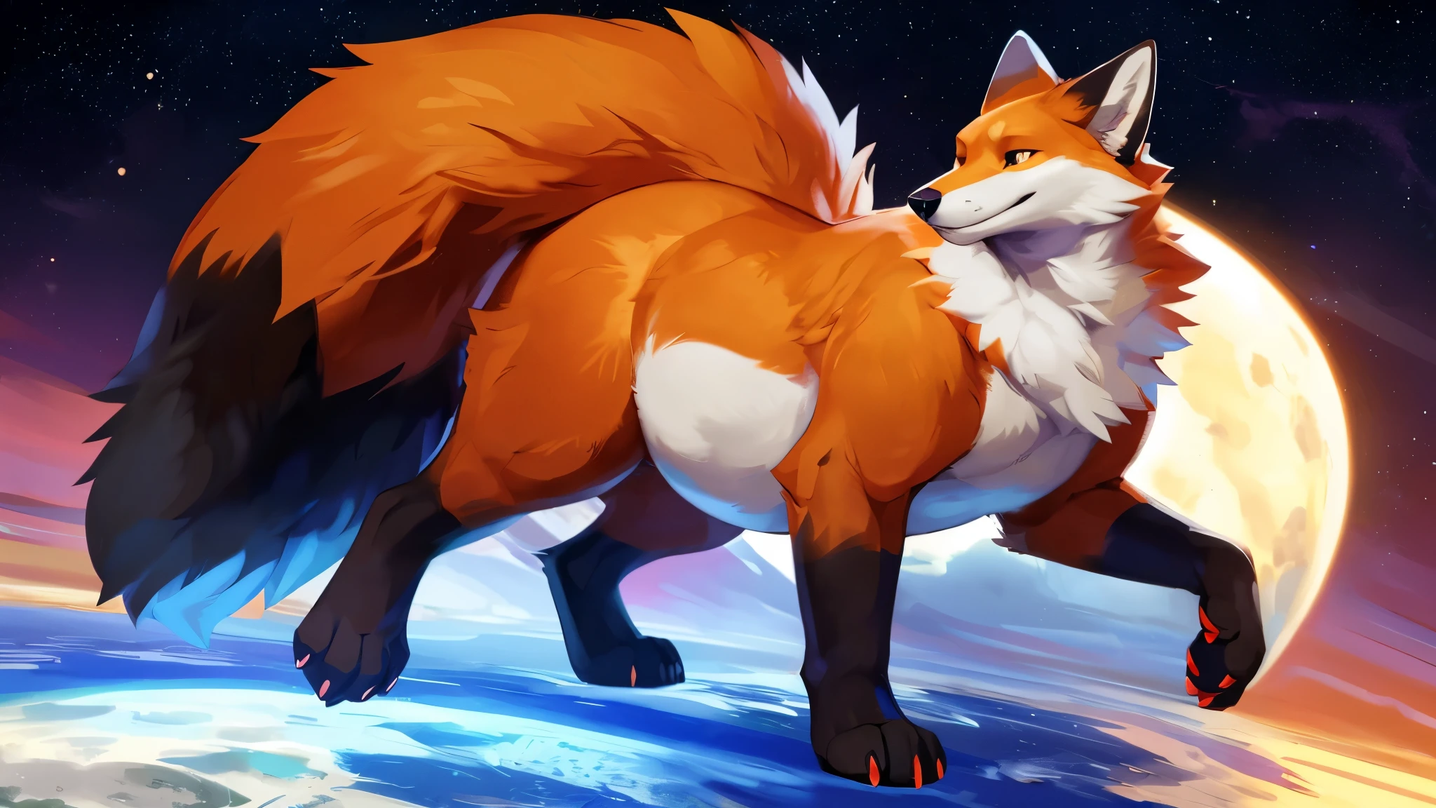 4k ultra quality, 4k full body view,(ultra high detailed body),((feral)) fox,by mystikfox61, by glitter trap boy,feral paws, by bebebebebe,by morethreedee, by seibear,(thick thigh),(chubby thigh),thicc thigh,thick legs,chubby legs,thicc legs,massive ,enomorous thigh,massive thigh,massive legs,thick lower legs,wide legs,(detailed thigh),(wide thigh),fluffy belly sharp nails,((sfw)),(ultra detailed face),detailed eyes,big tail,fluffy tail,(detailed tail),enomorous tail,bigger tail,huge tail,volumetric light,big paws,(thick paws),fluffy paws,furry paws,enomorous paws,(feral focus), beast,(bigger lower body),(long legs),master works, super fine, 4k resolution, high quality,high picture detail,dark fantasy,illusory engine, Masterpiece,front view,dire fox,faint lighting,macro (feral) body,enomorous belly,chubby (feral) body,shiny fur,in space