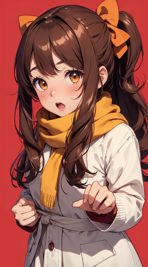 km, 1girl, ascot, blush, bow, brown eyes, brown hair, hair bow, hair tubes, japanese clothes, long hair, mittens, nontraditional miko, one-hour drawing challenge, open mouth, portrait, red bow, red mittens, scarf, sidelocks, simple background, solo, white background, yellow ascot, yellow scarf