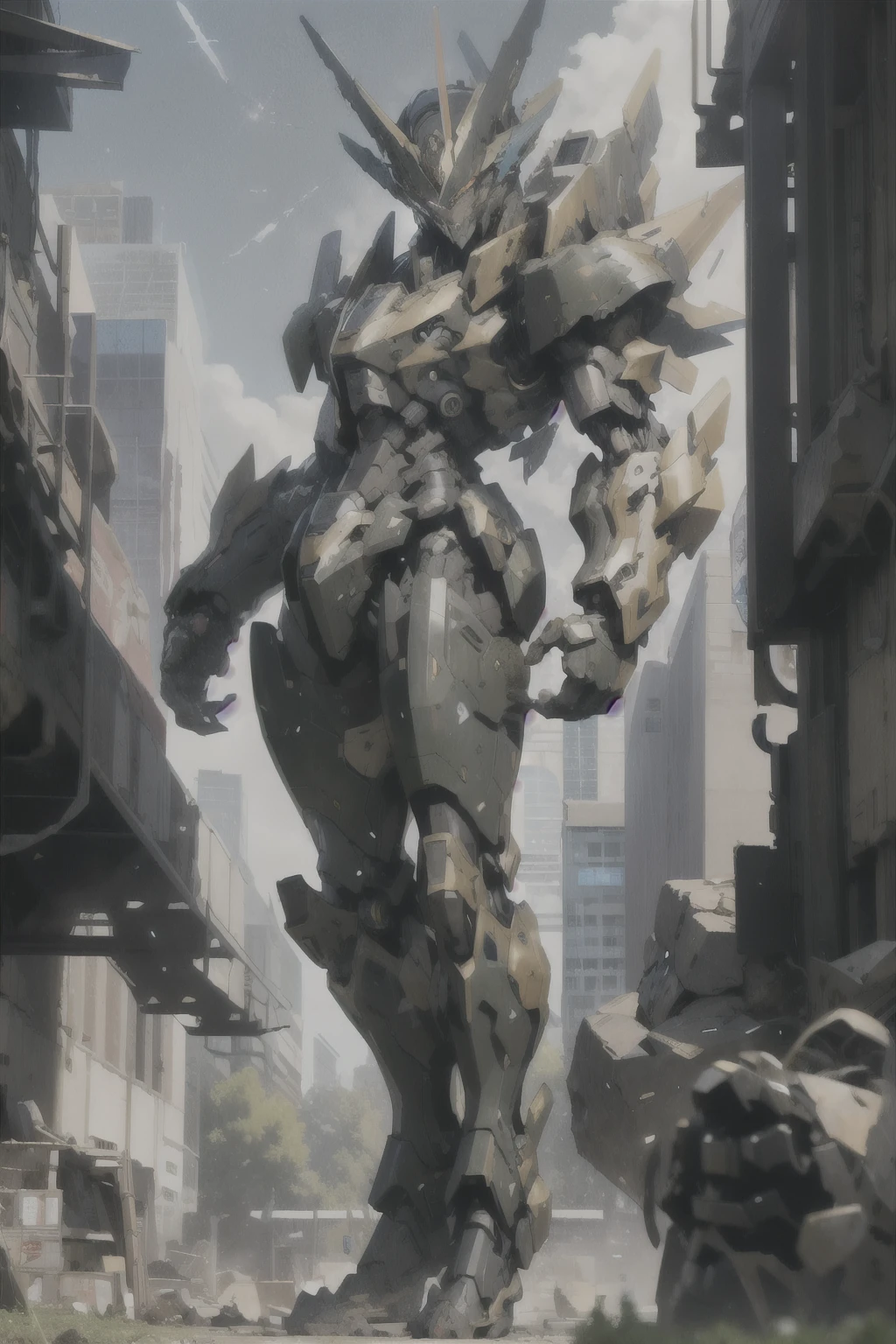 Masterpiece, best quality, Mecha, no human, Black Armor, stone eyes, science fiction, stone, Use Katana stone, war, conflict, destroyed city background, Mecha stone Statue, made of stone, Full body