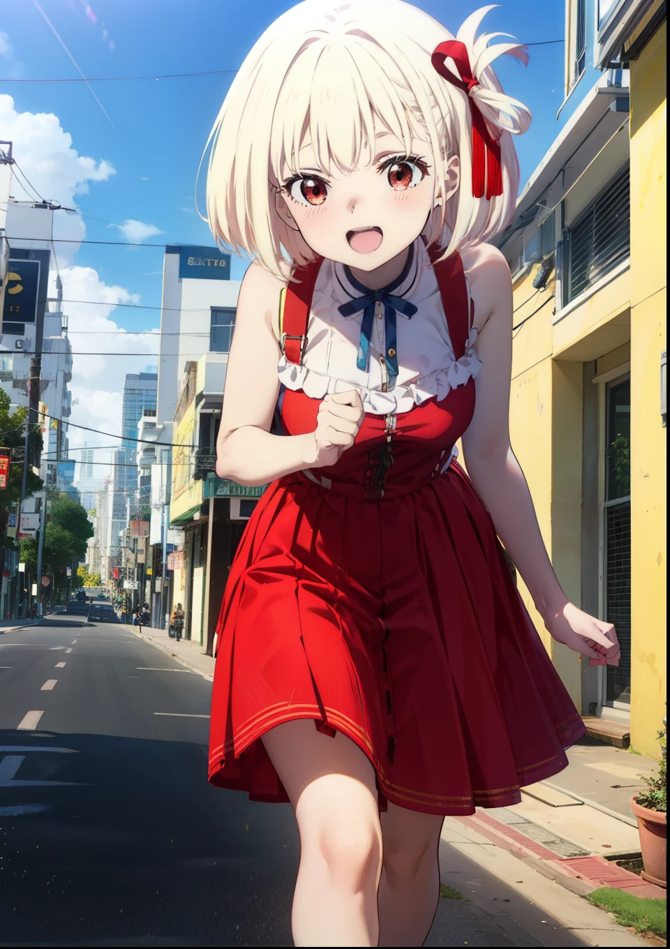 chisatonishikigi, Chisato Nishikigi, short hair, bangs, blonde, (Red eyes:1.5), Hair Ribbon, One side up, Bobcut,happy smile, smile, Open your mouth,
Open your mouth, Red sleeveless dress,Bare arms,Red long skirt,Cute Sandals,whole bodyがイラストに入るように,Daytime,sunny, walk,Looking up from below,break looking at viewer,whole body, break outdoors, In town,Coastal Road, break (masterpiece:1.2), highest quality, High resolution, unity 8k wallpaper, (shape:0.8), (Beautiful details:1.6), Highly detailed face, Perfect lighting, Extremely detailed CG, (Perfect hands, Perfect Anatomy),