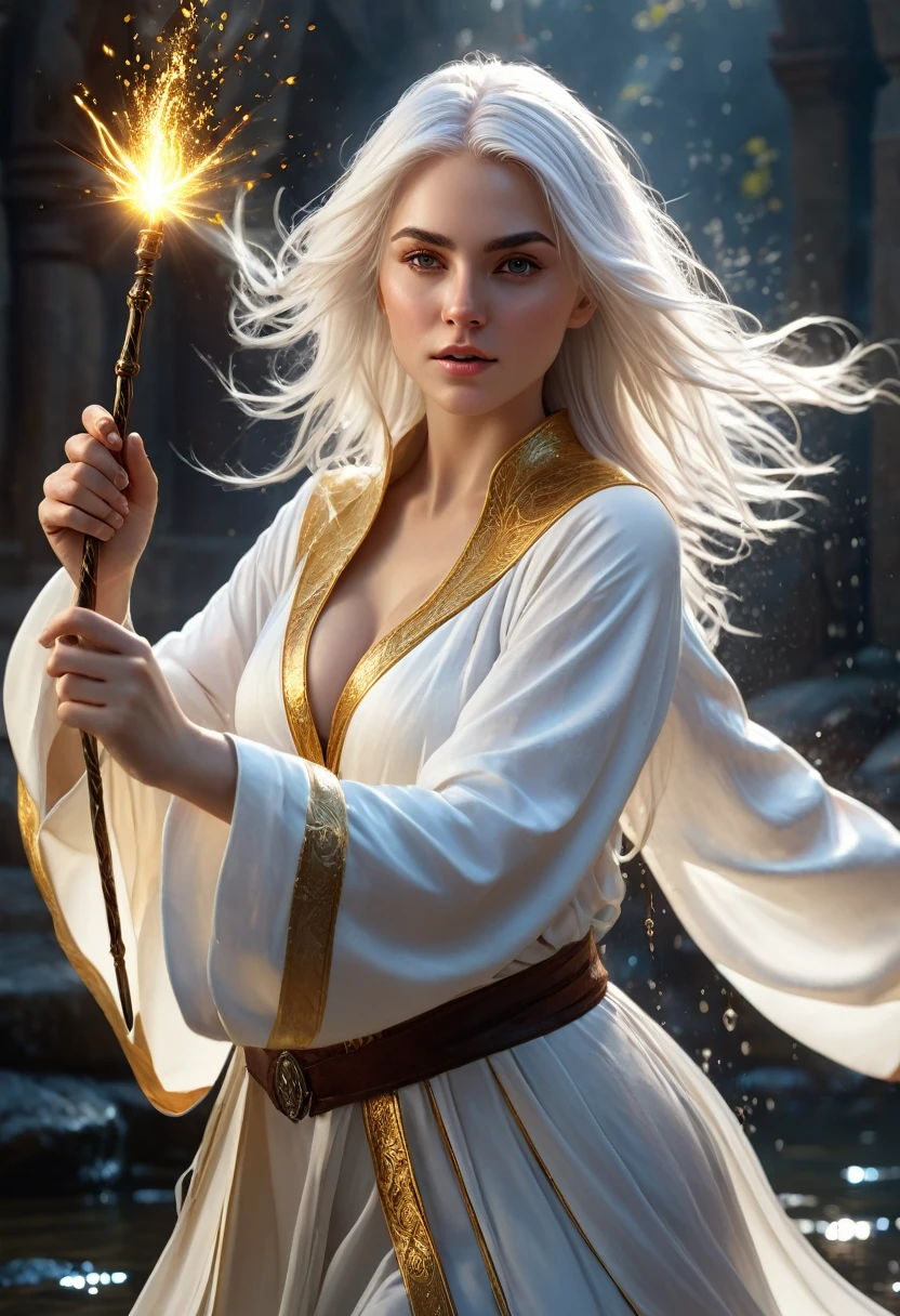 photorealistic photo of a Beautiful young girl wizard, huge breast, Beautiful breast, white wizard shirt with golden trim, white robe moving in the wind, long white hair, fully clothed, perfect face, Beautiful, perfect composition, hd, artstation hd, concept art, detailed face and body, award-winning photography, margins, detailed face, detailed hands, ,backlight, 12k ultrarealistic, ray tracing, intense gaze, looking at the viewer, cinematic lighting, art by Grzegorz Rutkowski, embers, high fantasy background, action pose, hands up to 90 degrees, holding a small magic wand, water splash, misty