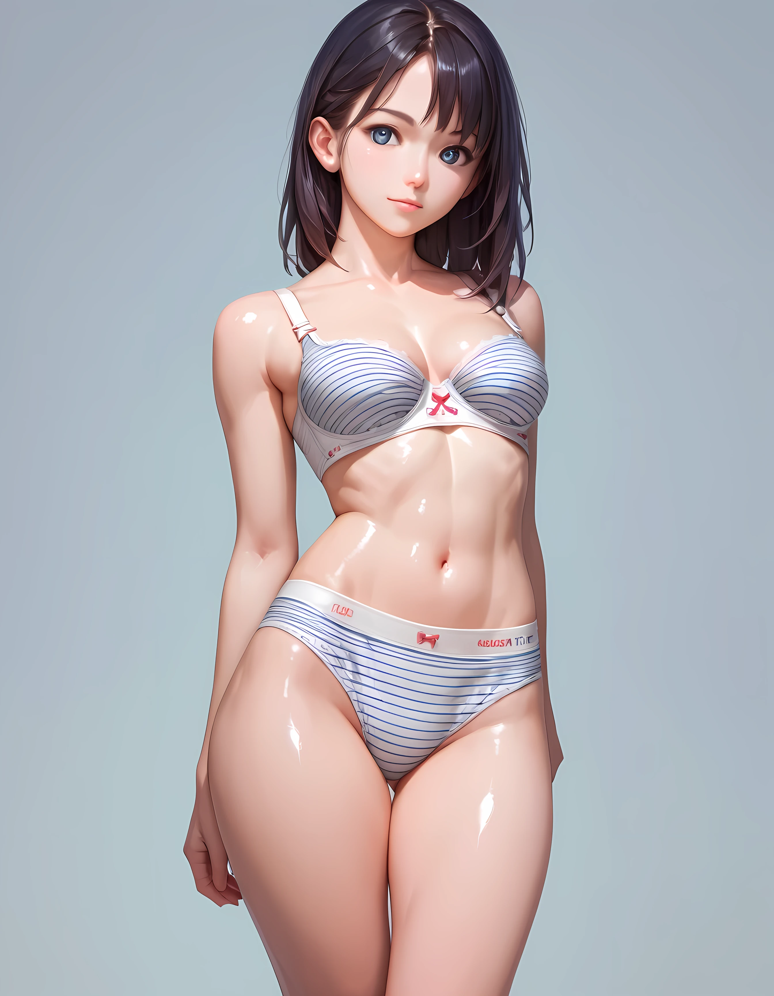 score_9, score_8_up, score_7_up,source_anime, high res image,masterpiece,best quality,girl,cute face,clear skin,shiny hair,ultra detailed eyes,simple background, panties,bra,striped print, (((SFW)))