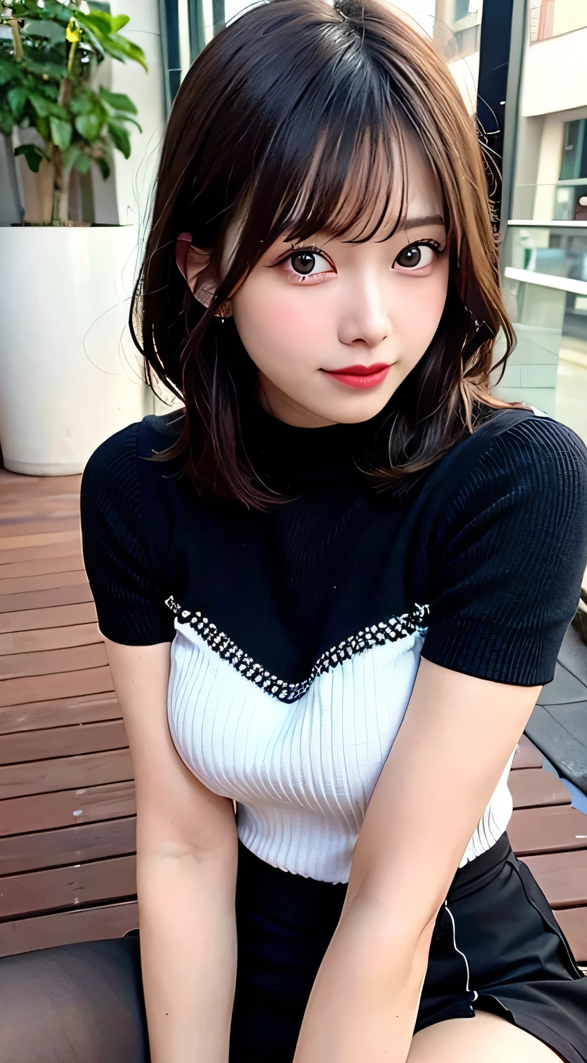 (8k, RAW Photos:1.2),Detailed face and eyes,最high quality, 超A high resolution, Very detailed ,Intricate details ,Tabletop ,pretty girl , Soft cinematic light, Hyper Detail,Sharp focus, high quality,Black-haired, Bobcut,  outside, knit, mini skirt, panties, Peeking from below