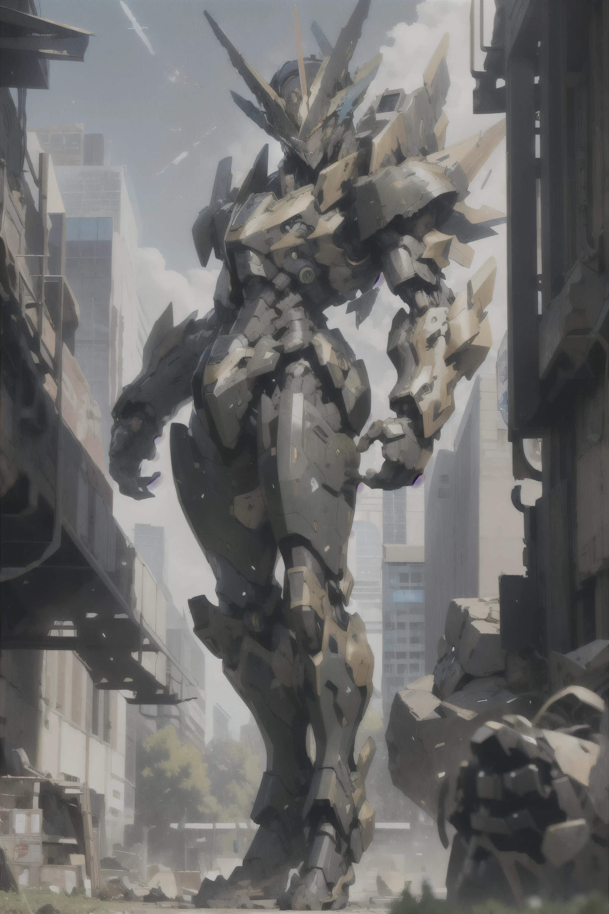 Masterpiece, best quality, Mecha, no human, Black Armor, stone eyes, science fiction, stone, Use Katana stone, war, conflict, destroyed city background, Mecha stone Statue, made of stone, Full body