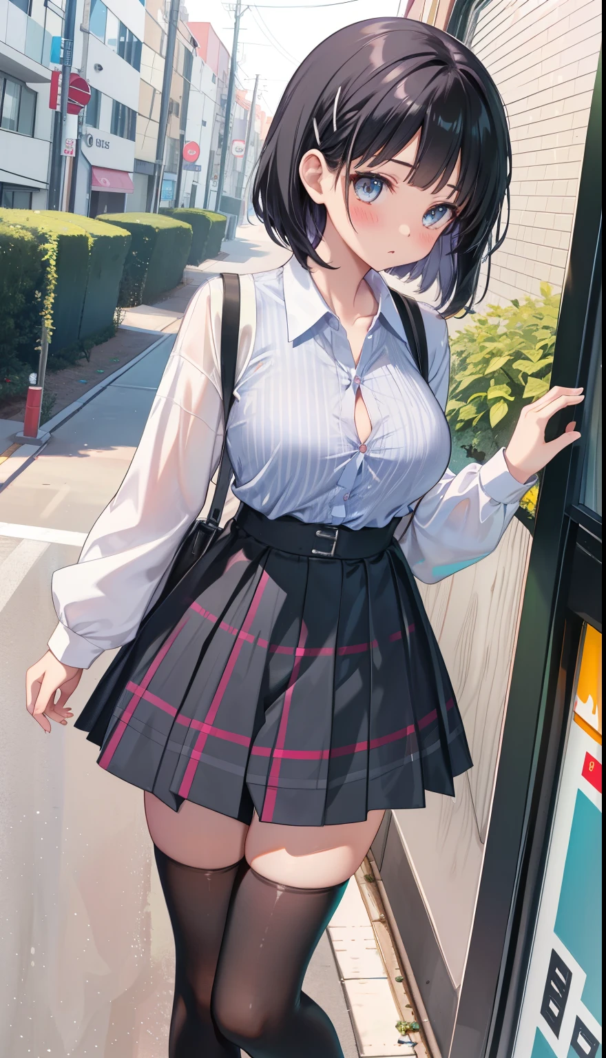 One Girl、positive、Standing posture、Full body portrait、Black Hair、Medium Haircut、blush、Absolute area、Black knee-high socks、Knee-length、stockings、Black Pantyhose、White underwear、Light blue shirt、Dark blue checked mini skirt、Japanese high school students、Summer clothes、nightの歓楽街、night、（Very large breasts）、Cleavage、open chest shirt、((Lesbians around the world))、masterpiece、（highest quality）、
Panties around the ankles、Black Loafers、Shirt buttons fly off、Unbutton your shirt、Exposing the breasts、Bare your breasts