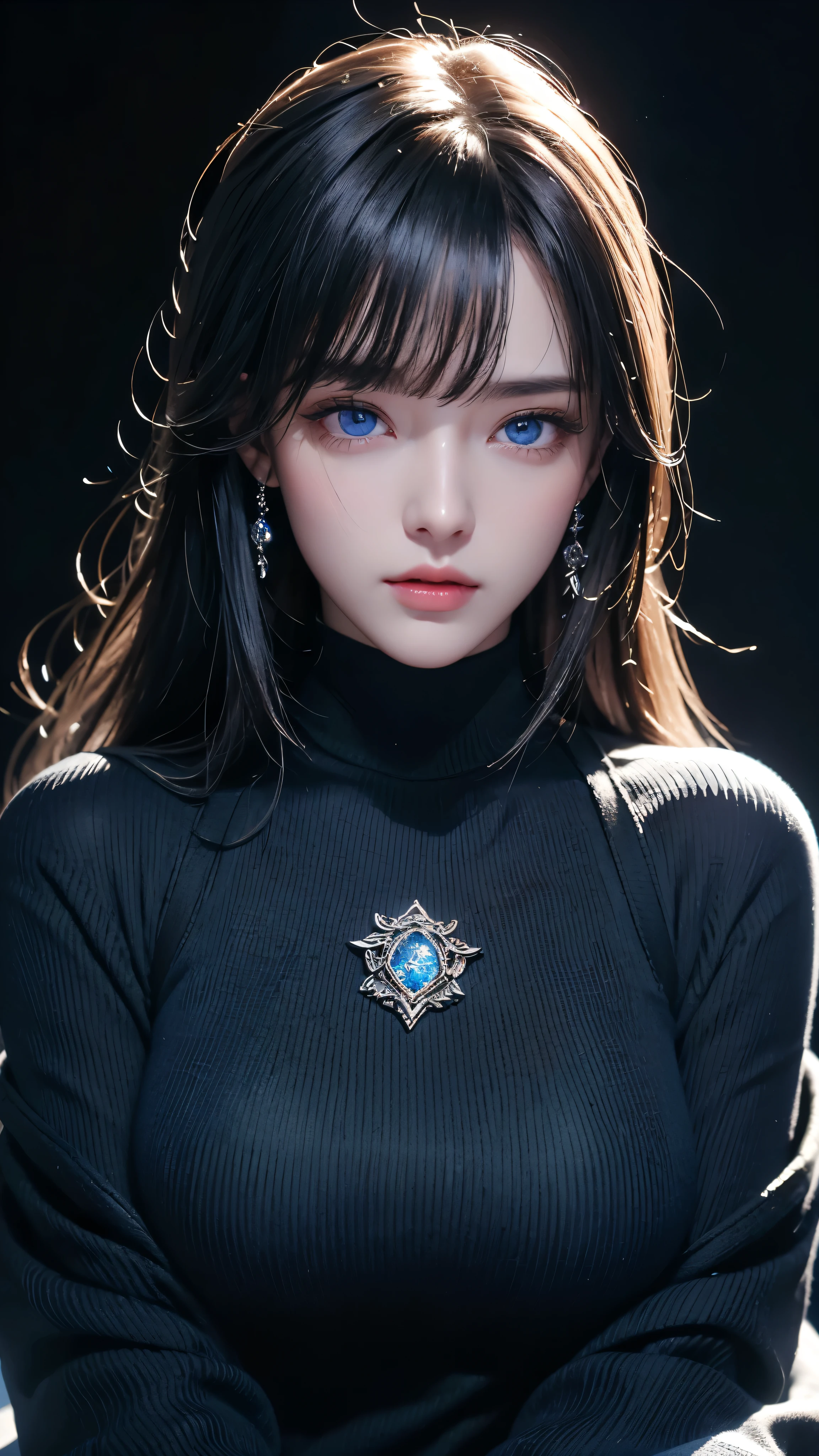 masterpiece, highest quality, Super detailed, Facing the camera, Super detailed, Realistic, Sharp features, Very detailed, Sharp focus, Perfect Face, Perfect Face, Perfect symmetrical perfect eyes, Perfect Plump Lips, Flexible female form, Cinematic, Film Light, Super detailed, hyper Realistic, masterpiece, Atmospheric, High resolution, Vibrant, Dynamic Studio Lighting, ((Dark Background)), The expression when enduring pleasure, Straight bangs, blue eyes,Black sweater, Cowboy Shot,turtleneck、first round、Sexually aroused expression、Accessories on the chest、Clothes with cuts