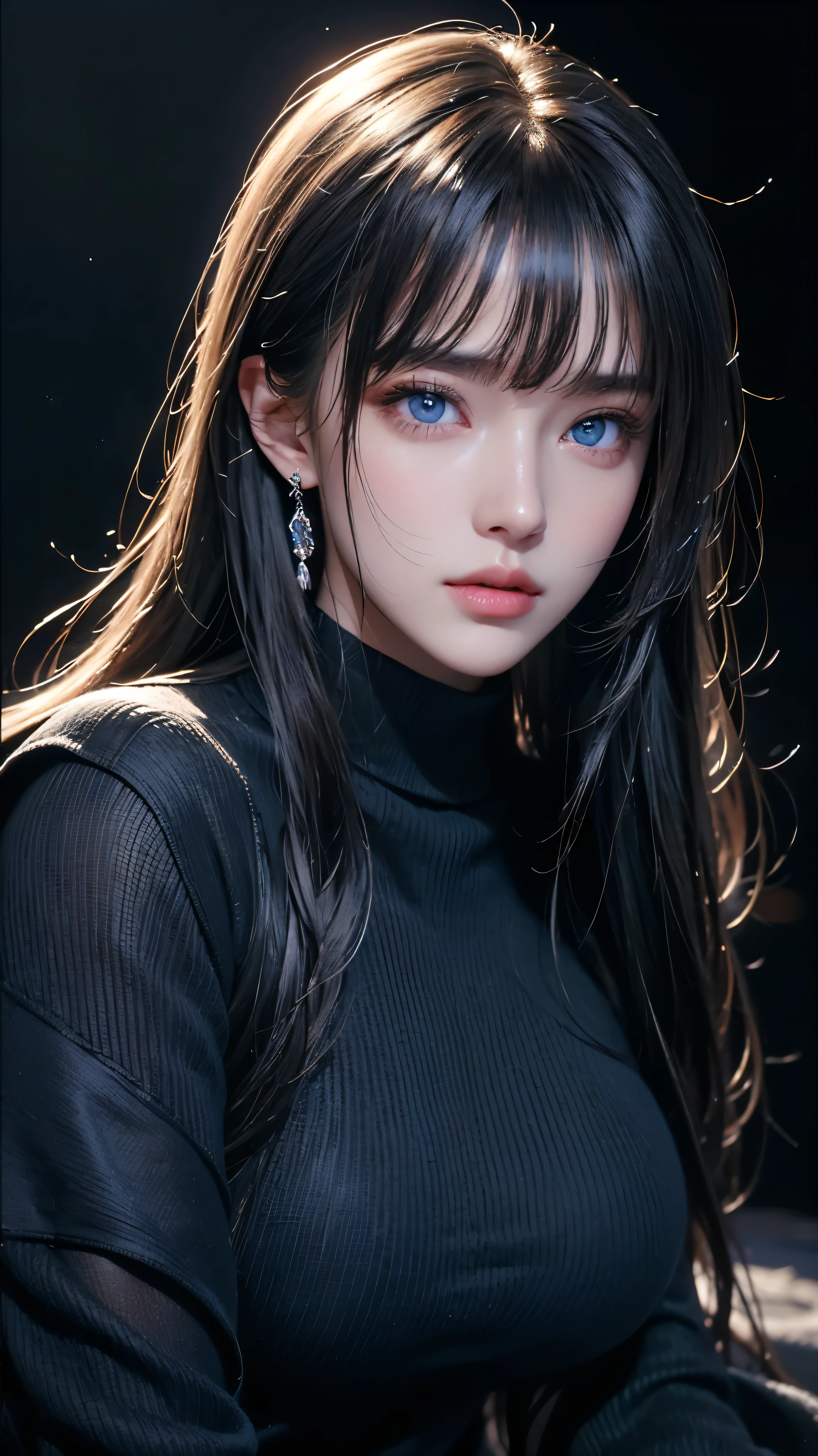 masterpiece, highest quality, Super detailed, Facing the camera, Super detailed, Realistic, Sharp features, Very detailed, Sharp focus, Perfect Face, Perfect Face, Perfect symmetrical perfect eyes, Perfect Plump Lips, Flexible female form, Cinematic, Film Light, Super detailed, hyper Realistic, masterpiece, Atmospheric, High resolution, Vibrant, Dynamic Studio Lighting, ((Dark Background)), The expression when enduring pleasure, Straight bangs, blue eyes,Black sweater, Cowboy Shot,turtleneck、first round、Sexually aroused expression