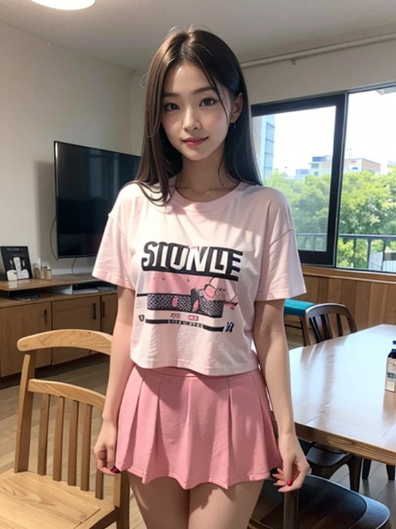 You are alone in the living room、Standing in front of a table and chairs、Wearing a pink T-shirt、She is wearing a pink mini skirt、I'll lift up that miniskirt with both hands.、I'll send you a shot of my cute panties.、Front camera angle、, UHD, accurate, anatomically correct, textured skin, high details, high quality, best quality, 16k