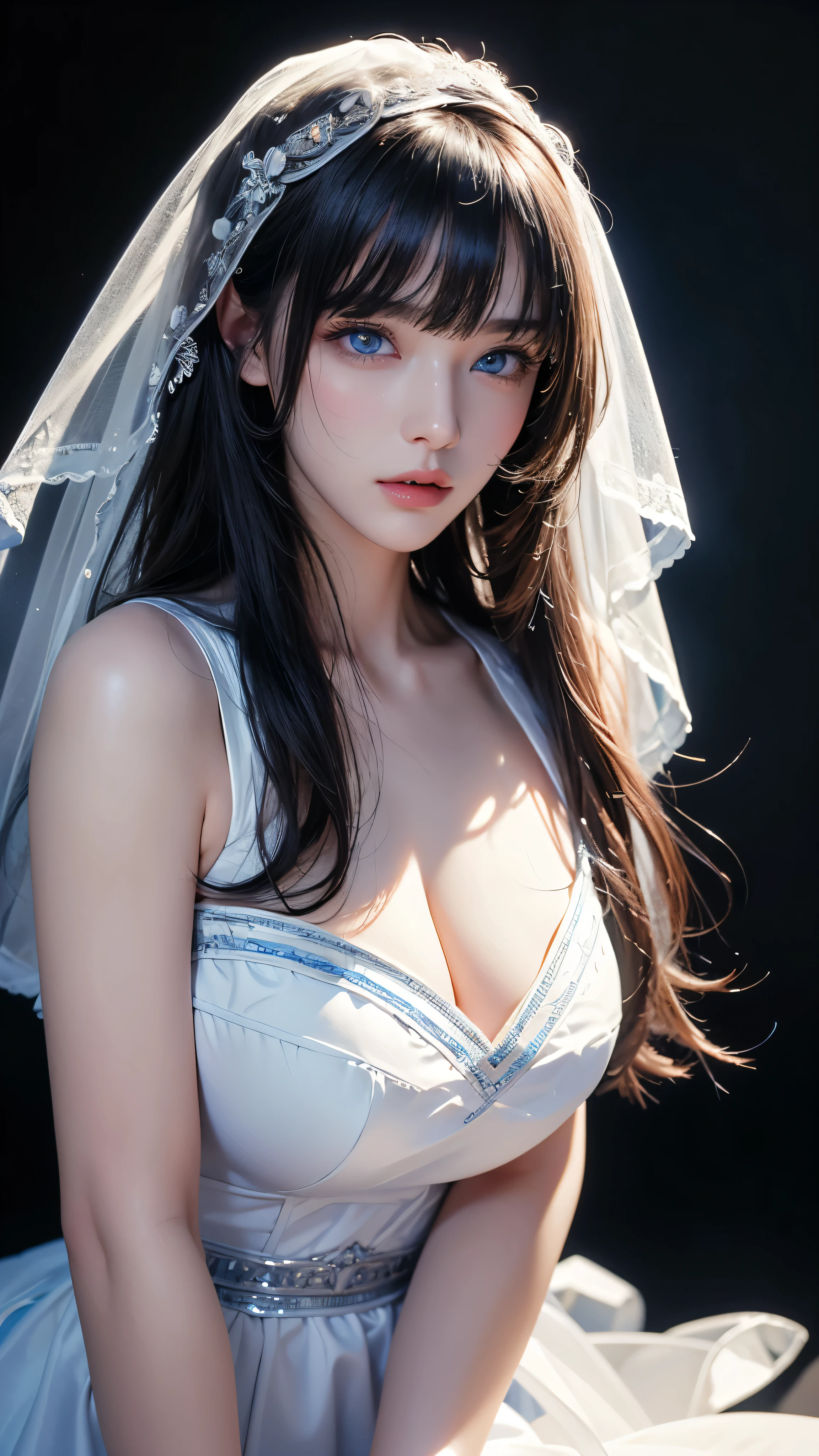 masterpiece, highest quality, Super detailed, Facing the camera, Super detailed, Realistic, Sharp features, Very detailed, Sharp focus, Perfect Face, Perfect Face, Perfect symmetrical perfect eyes, Perfect Plump Lips, Flexible female form, Cinematic, Film Light, Super detailed, hyper Realistic, masterpiece, Atmospheric, High resolution, Vibrant, Dynamic Studio Lighting, ((Dark Background)), The expression when enduring pleasure, Straight bangs, blue eyes,Cowboy Shot,Sexually aroused expression、White Wedding Dress