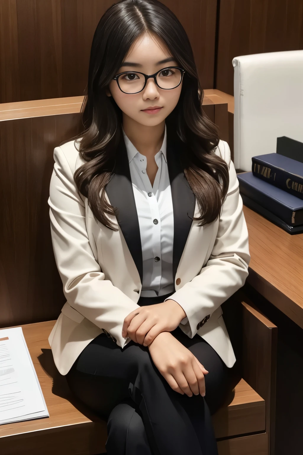 detailed face of photo. 20 year old white skin slim body Indonesian girl with a sweet  face,   round face chubby face and long brown wavy hair, round glasses wearing super luxurious black suit photographed as a lawyer sitting at the court table 