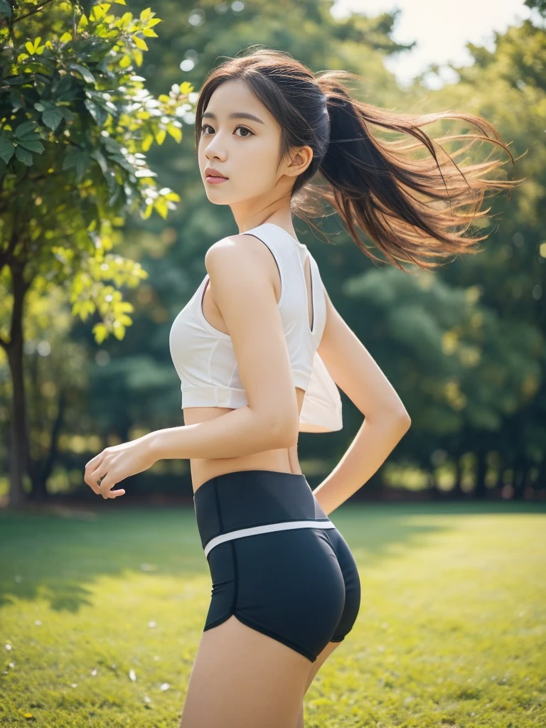 (masterpiece, highest quality:1.4), Award-winning portraits, 8k, 85mm, alone, Beautiful Face, Delicate girl,  (On the grass), Sophisticated, cute, , RAW Photos, Confused, High resolution, Sharp focus, Background blur、(((Flat  、thin and delicate body、Childish atmosphere)))、shiny semi-long hair、ponytail、Small mole on the left cheek、 Dark brown eyes、Hair swaying in the wind、sexy、Flexible legs、Simple gym clothes without text、Run、Jump