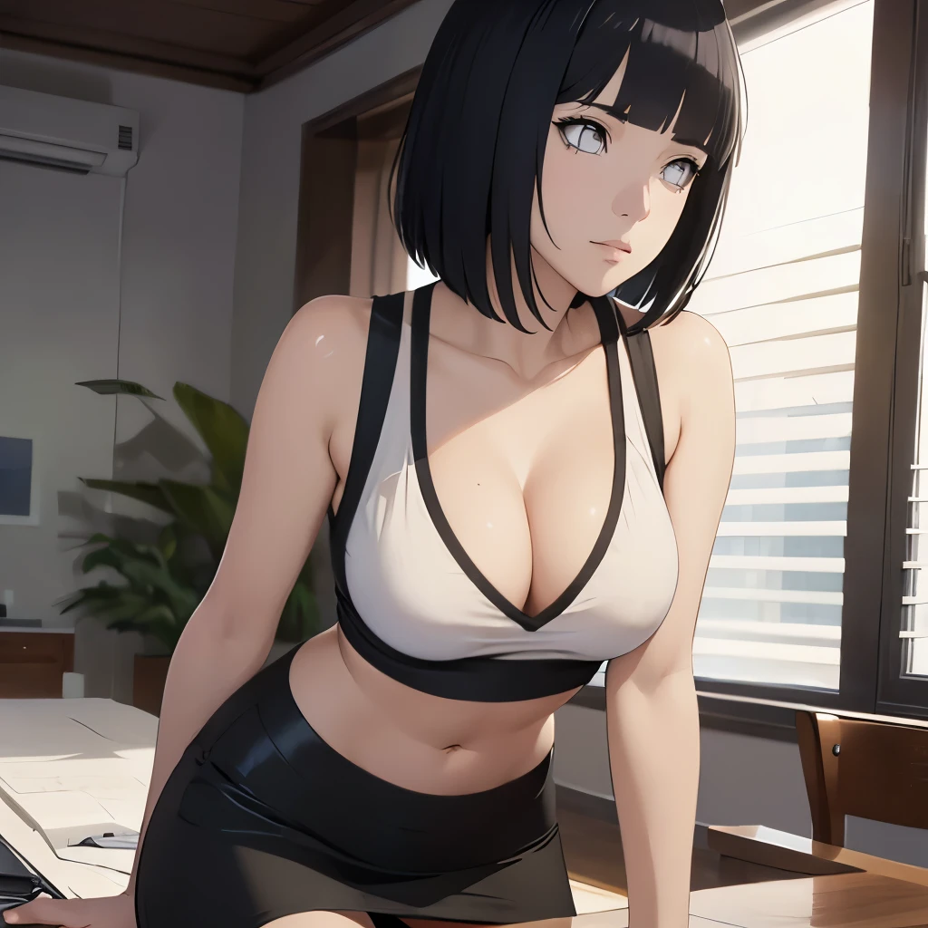 (masterpiece), anime, Best quality, good anatomy, one girl, Hinata Hyuga, (full height), white eyes, Big breasts, realistic face, gloomy face, Looking down, dark hair, short haircut, navel ,bare shoulders, tight black top, decollete, black pencil skirt, tall legs, beautiful legs, office, Reflectors, 8K masterpiece, super detail, film movie, best quality, best ditails, detailed face, detailed eyes, camera from bellow