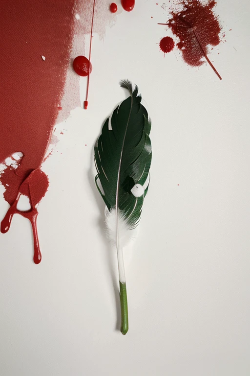 a white feather, with blood dripping from it. red, green and black background. 