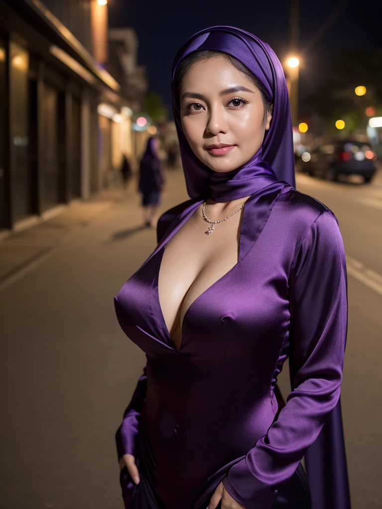 50 Years old, full body Indonesian mature woman, wearing satin silk black Hijab, perfect , natural big breast : 96.9, gorgeous eyes, Soft smile, wear a violet satin shirt, black satin silk shirt, necklace, Breast about to burst Out, Nightime walk, Excellent Soft light,