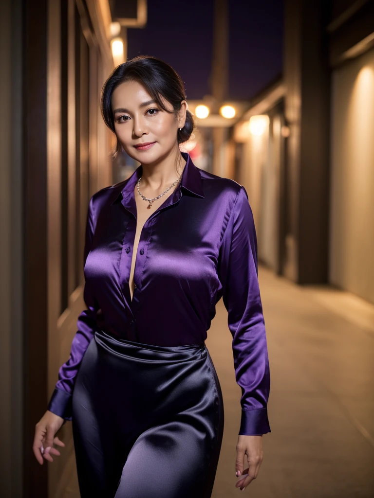 50 Years old, full body Indonesian mature woman, wearing satin silk black Hijab, perfect , natural big breast : 96.9, gorgeous eyes, Soft smile, wear a violet satin shirt, black satin silk shirt, necklace, Breast about to burst Out, Nightime walk, Excellent Soft light,