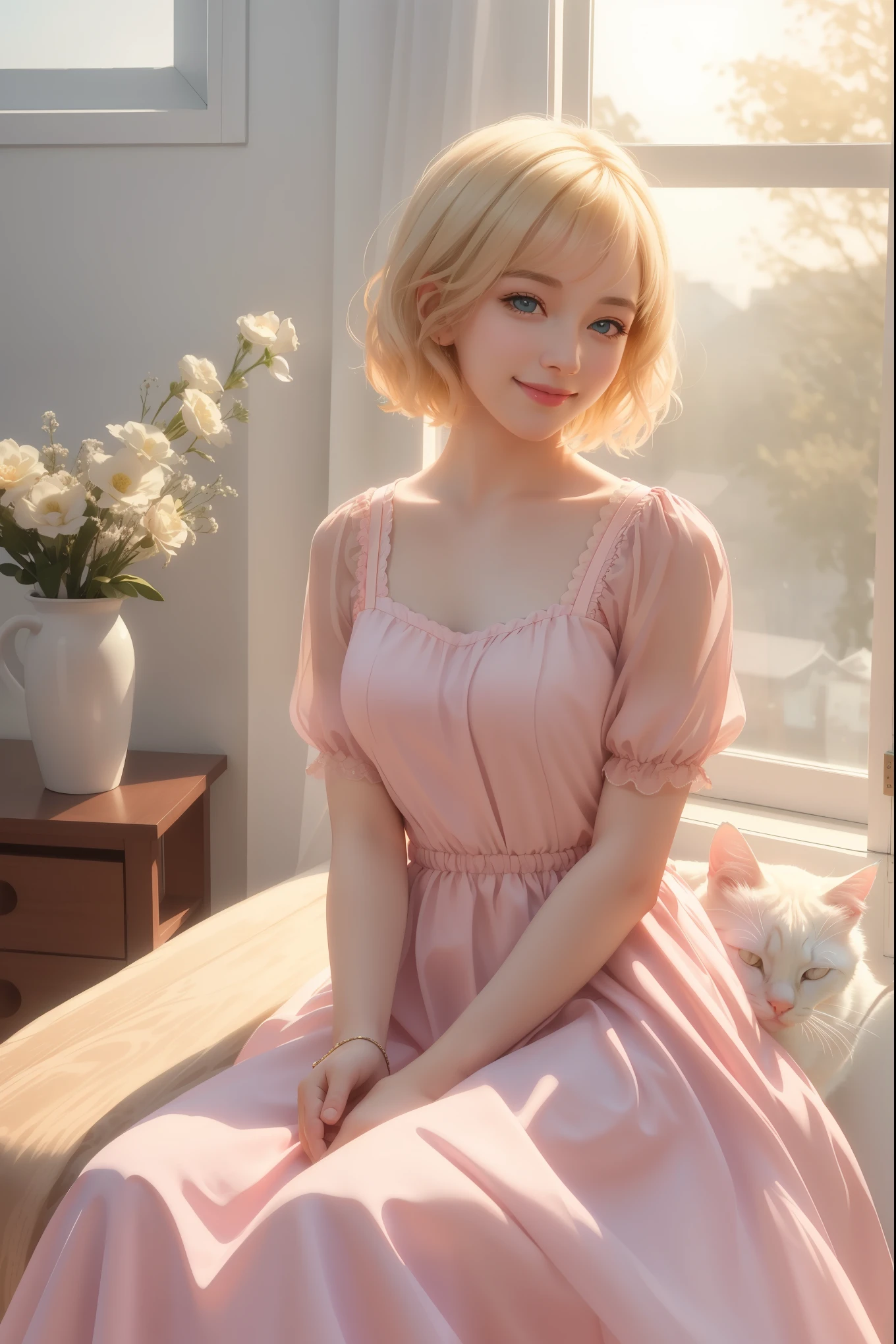 A girl with short hair, gentle eyes, smiling, holding a white cat, cat is white, opened eyes, serene, girl wearing a pink dress, sitting by the window, sunset outside, warm, soft light, (best quality, 4k, 8k, highres, masterpiece:1.2), ultra-detailed, (photorealistic:1.37), studio lighting, vivid colors, portraits, pastel tones, warm lighting