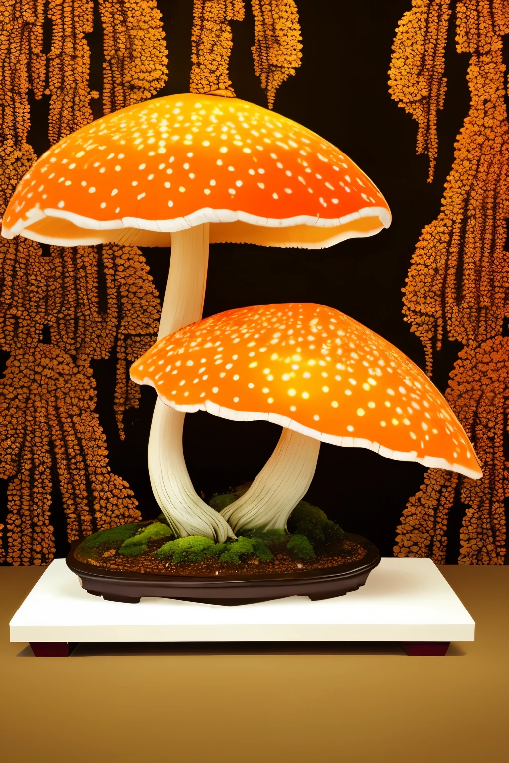 Orange Mushrooms,like bonsai,luminous design, pastel colours, autumn lights