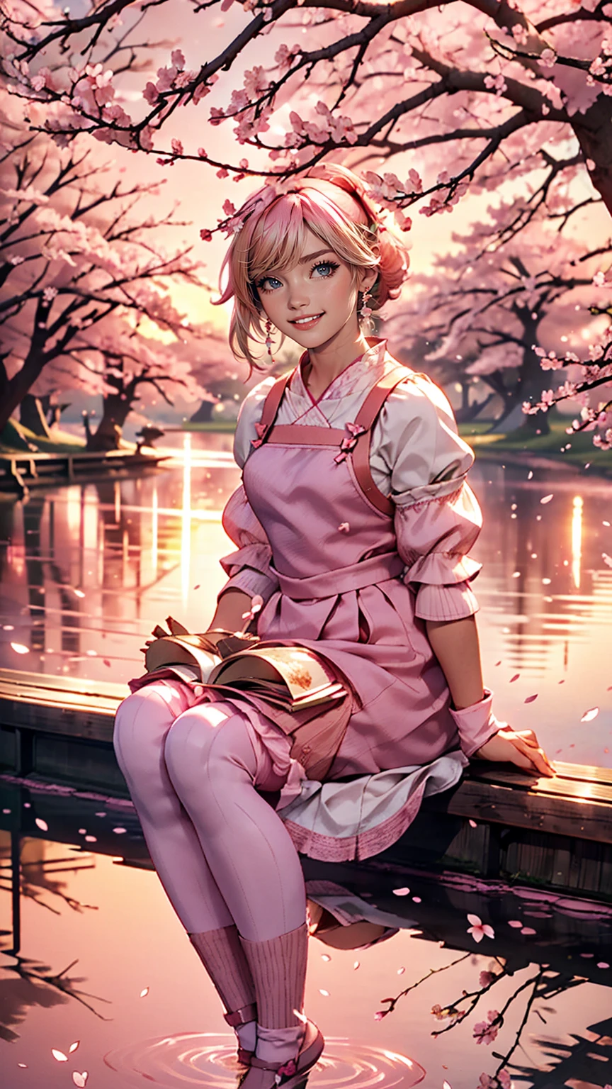 sakuramiku, Upper Body, smile, blush, Sitting, ((cherry blossoms)), ((Pink sleeves)), Pink Tone, ((Pink Stockings)), Pink Sky, sunset, lake, reflection