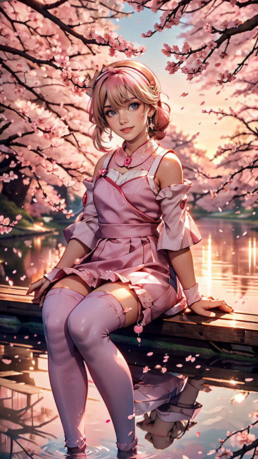 sakuramiku, Upper Body, smile, blush, Sitting, ((cherry blossoms)), ((Pink sleeves)), Pink Tone, ((Pink Stockings)), Pink Sky, sunset, lake, reflection