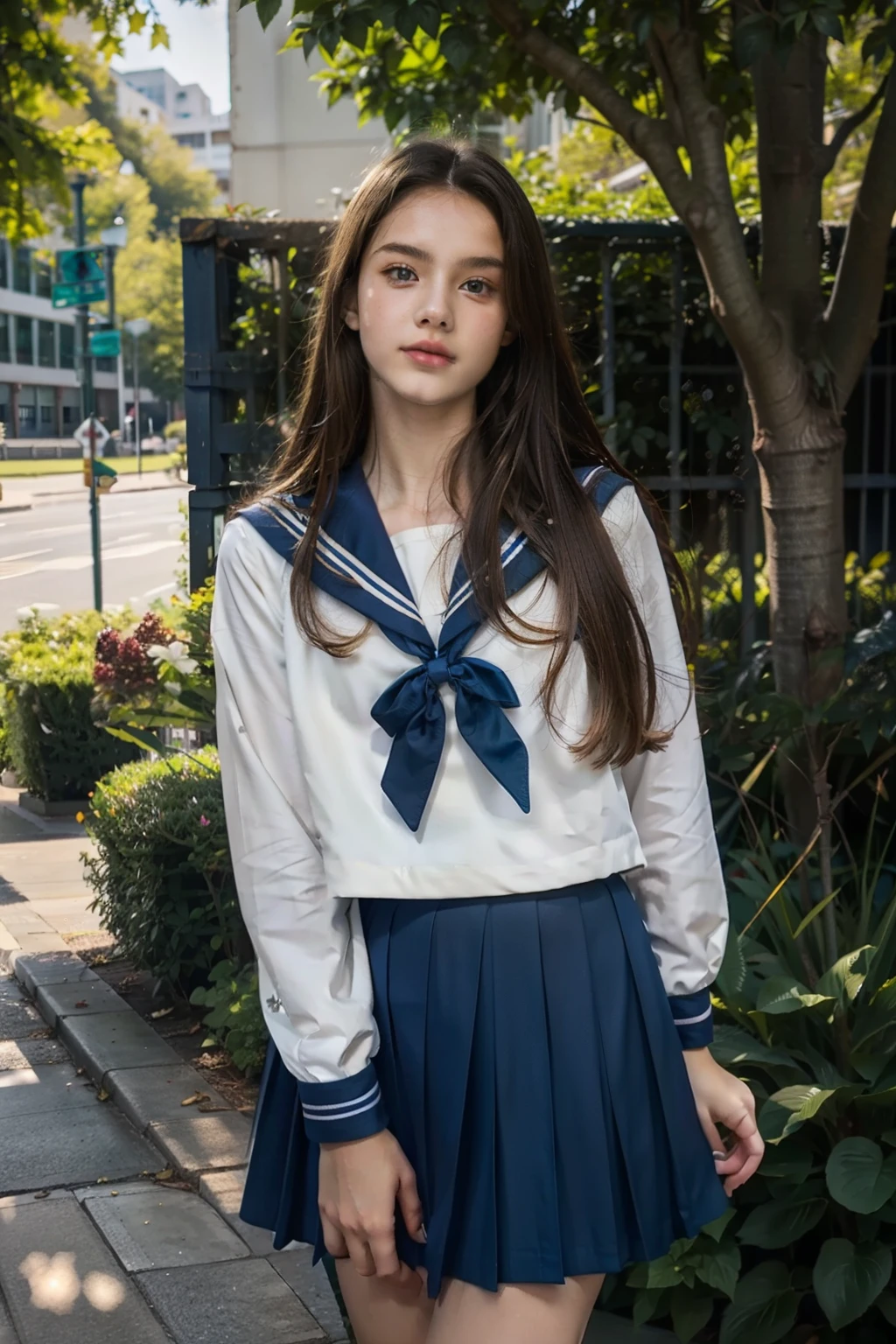  highest quality, masterpiece, Super detailed, ultra high resolution, realistic, RAW photo, absolute resolution (highest quality)，(very detailed), blonde hair, sailor suit, y.o, British girl, Navy blue sailor suit, High school girl wearing sailor suit, dark blue skirt,  small breasts,  (school scenery),, during the day, straight hair, long hair, Detailed view of the face, standing, outdoor 