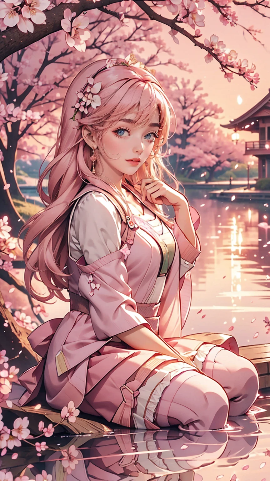 sakuramiku, Upper Body, smile, blush, Sitting, ((cherry blossoms)), ((Pink sleeves)), Pink Tone, ((Pink Stockings)), Pink Sky, sunset, lake, reflection