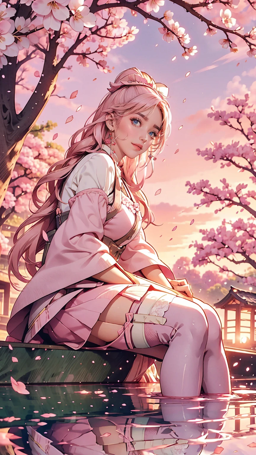 sakuramiku, Upper Body, smile, blush, Sitting, ((cherry blossoms)), ((Pink sleeves)), Pink Tone, ((Pink Stockings)), Pink Sky, sunset, lake, reflection