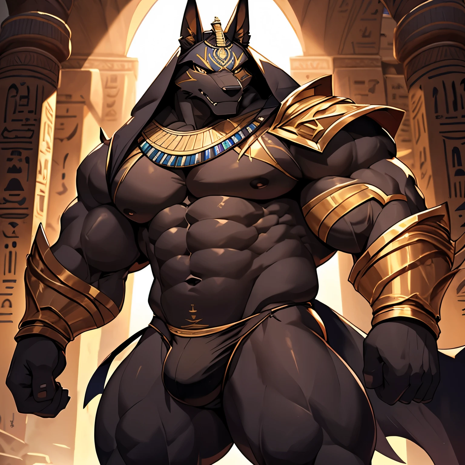 anubis jackal，Behemoth，4k HD，wallpaper, egyptian armor, anubis mask, (bara pecs: 1.4), (dense oversized huge pecs: 1.1), (crotch bulge: 1.3), thong, dark dramatic lighting, epic