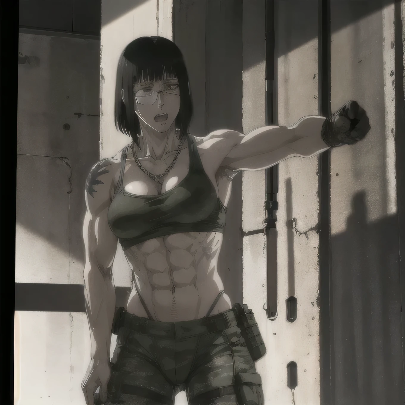 (best quality,ultra-detailed,realistic:1.37),musclaur badass girl with sculpted body with preview her musclaur body and six-pack, full review of the female character's face and body, intense expression,studio lighting, vivid colors, physiologically-based rendering, grungy texture, rugged background, dust particles in the air, commanding presence, professional, powerful, gritty aesthetics,,Valmet،short hair،tattoos on shoulders,,Shining muscles, muscle protrusion,wearing military male camouflage underwear and camouflage midriff tank top,necklace,dick growth inside underwear,l,Valmet have a dick,An erect dick inside underwear,stand fight position with her muscles and six-pack and growth dick inside underwear,