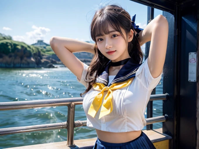 (((very heavy chest))),NSFW, 16k raw photos, highest quality, masterpiece, ultra high resolution, ((She is wearing Beautiful exposed redShe is wearing (a high school sailor uniform).
(navy sailor collar:1.4),(white shirt:1.4),(navy pleats skirt:1.4),(navy bow:1.4))).movie, ((2 girls, , 2 schoolgirls)),((attractive expression)),eyes shine、 looking at the viewer, natural skin texture very heavy chest))),((( metal black ribbon around the neck))).star handle mold、((yellow eyes)),Realistic eye and face details, lip whole, lipstick makeup), fluffy ponytail hair, laughter, Beautiful feet, tall woman, ((glowing skin)),((Beautiful armpit)), slim_feet, huge breasts, cleavage, beautiful natural places, beautiful flower garden、(detailed background,highly exposed, huge breasts, blurred background,, JK ribbon on the neck, jk ribbon, golden hair, bracelet, water, bangs, split your lips、armpit、beautiful hip line、glowing skin、(((eyes shine brightly))),lotion skin、High leg、((black hair)),highly exposed、Skimpy pink luxury fur coat、beautiful sea background、wind effect、