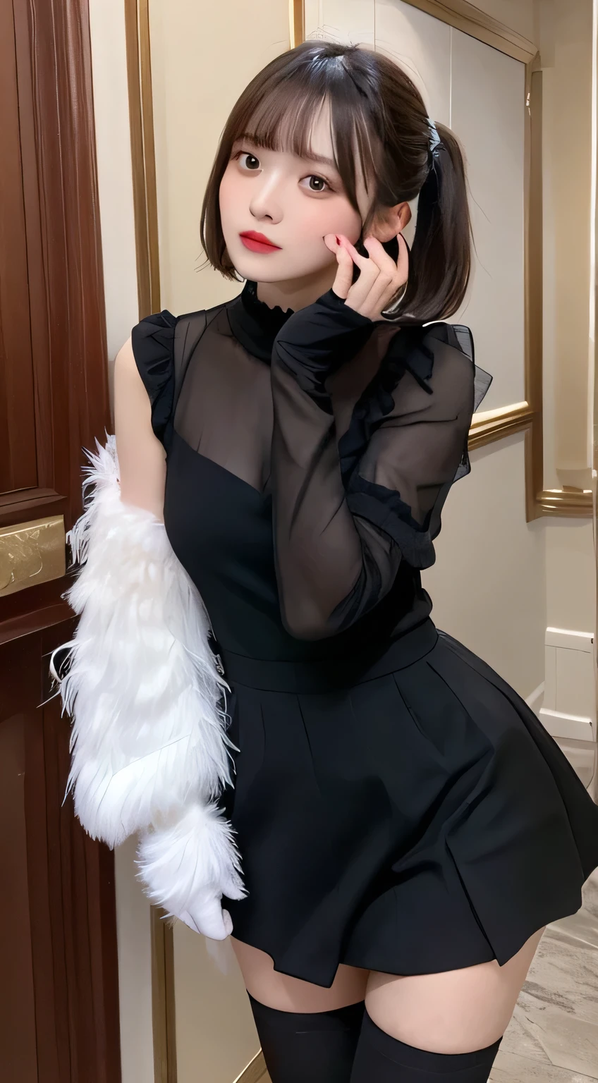 masterpiece, highest quality, High resolution, translation, Clothing cutouts, Long sleeve, Puffy sleeves, Juliet Sleeve, Feather ornament, Black knee socks, Black gloves, Black Dress, Black Skirt、Short hair with bangs