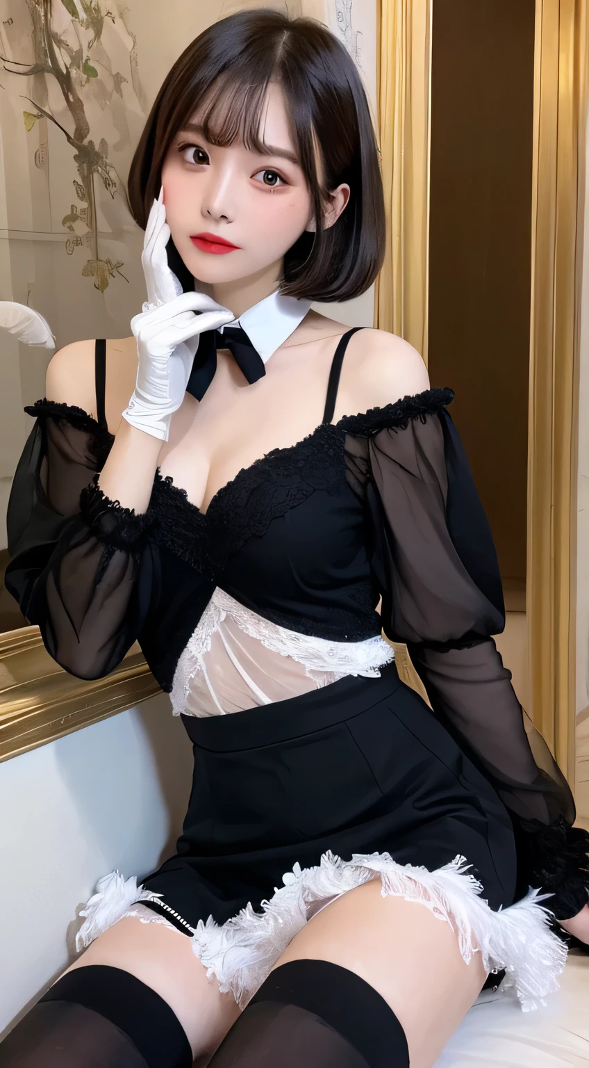 masterpiece, highest quality, High resolution, translation, Clothing cutouts, Long sleeve, Puffy sleeves, Juliet Sleeve, Feather ornament, Black knee socks, Black gloves, Black Dress, Black Skirt、Short hair with bangs