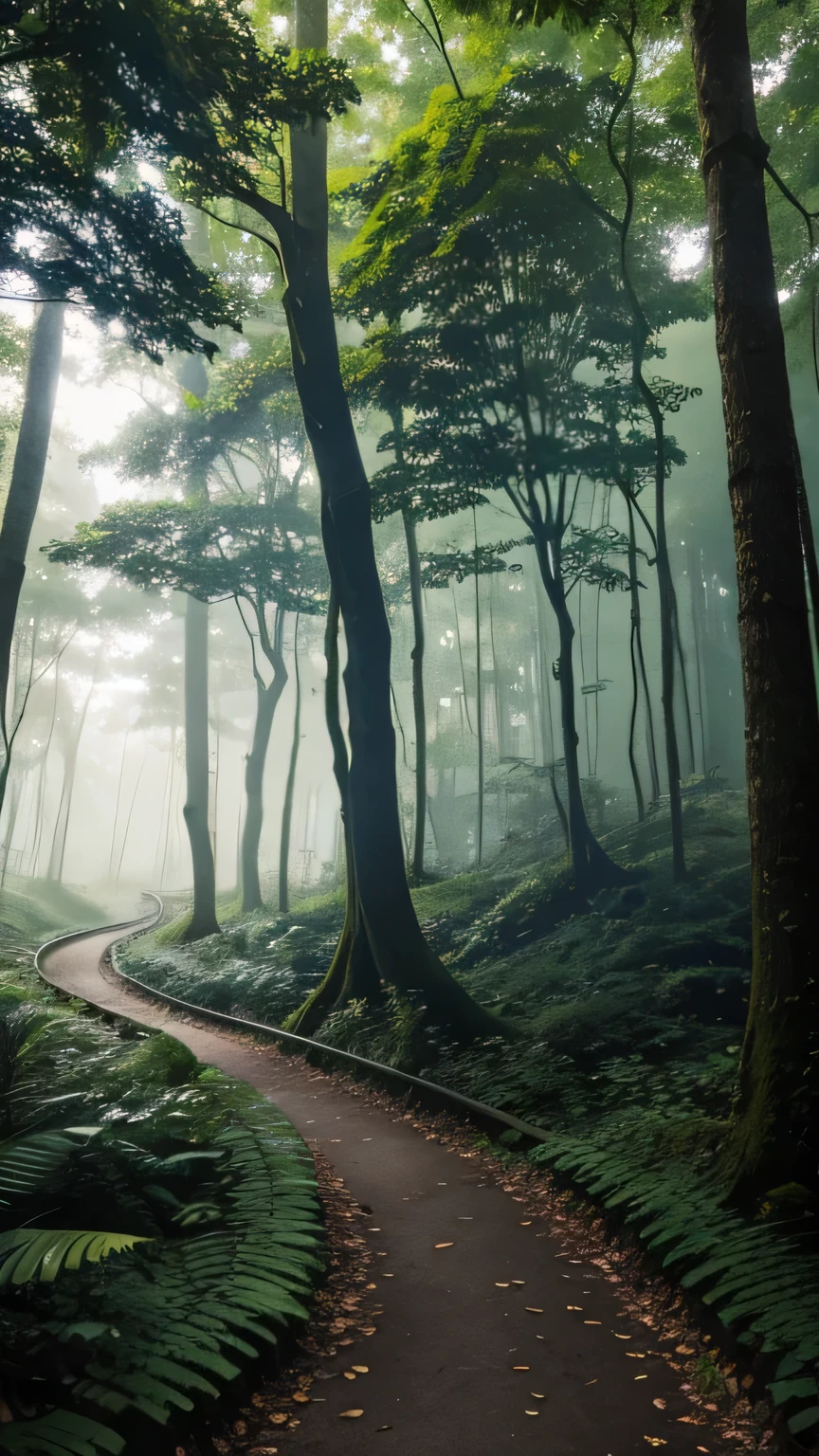 A mystical forest where the trees communicate in hushed tones, their leaves rustling secrets. The dense foliage and winding paths make it nearly impossible for anyone to find you