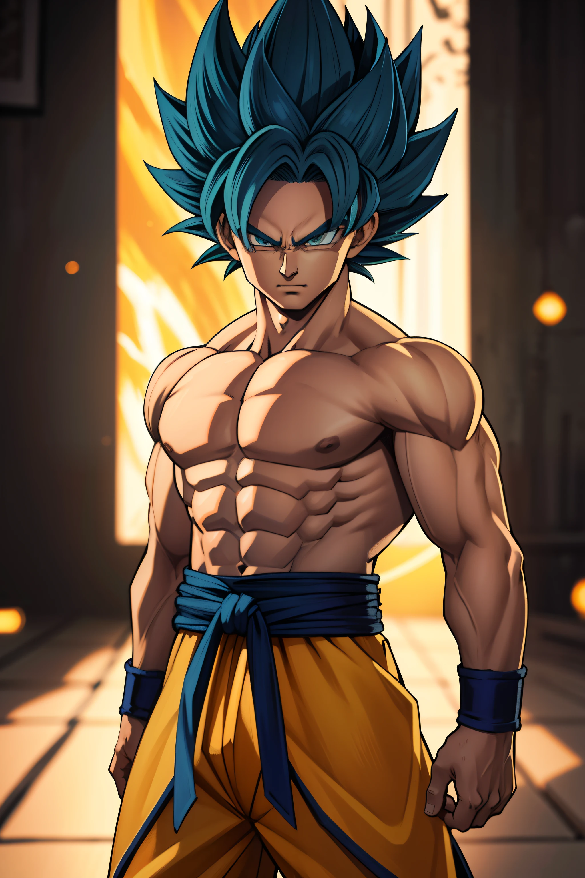 (Masterpiece, better quality), complicated details, 8ก, art station, Wallpaper, official art, splash art, The storm is behind., Sharp focus, 1 boy, (realistic: 1.2) (Bokeh) (better quality) (Fine skin: 1.3) (complicated details) (8ก) (Detailed eyes) (Sharp focus) Son Goku, irritable, Combat Damage, blonde hair, range azul, tooth cerrados, enraged, green eyes, focus man, stalwart, muscular man, breast, range, alone, spiky hair,  Super Saiyajin, Super Saiyajin 1, tooth, Topless man, Torn clothes, bracelet, I merged with the dragon.