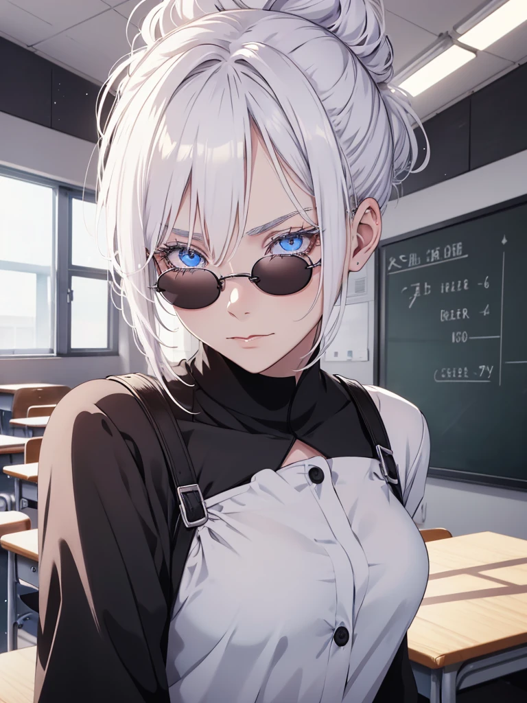 Woman, age 18, white hair, hair bun, wears round sunglasess, white eyebrows, white eyelash, white eyelashes, detailed eyes, glowing eyes, galaxy eyes, wearing black shirt, black clothing, in classroom, school, high quality, 4k resolution, anime