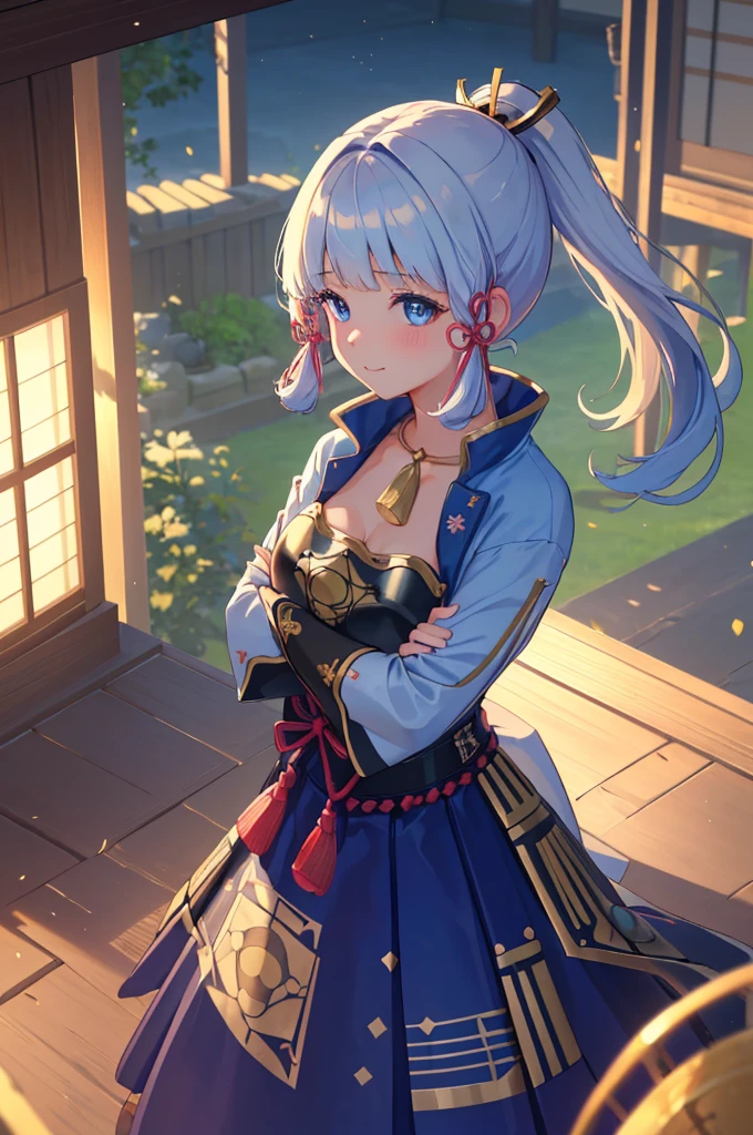 (((masterpiece))), 4k res, highly detailed, (((extremely detailed eyes))), detailed background, cinematic lighting, crystal clear eyes, high quality, highres, ultra-detailed, 8k, best quality, 1girl, solo, shadow, backlighting, light particles, Thick Eyelashes, Wide Sleeve, thick thighs, (masterpiece:1.3), (the best quality:1.2), (super fine illustrations:1.2), (Masterpiece), high quality, high detail,(SOLO:1.4),((round image)), 1girl, kamisato ayaka, smile, blush, closed mouth, thick, medium breasts, traditional japanese house, from above, fingerless gloves, cowboy shot, crossed arms,
