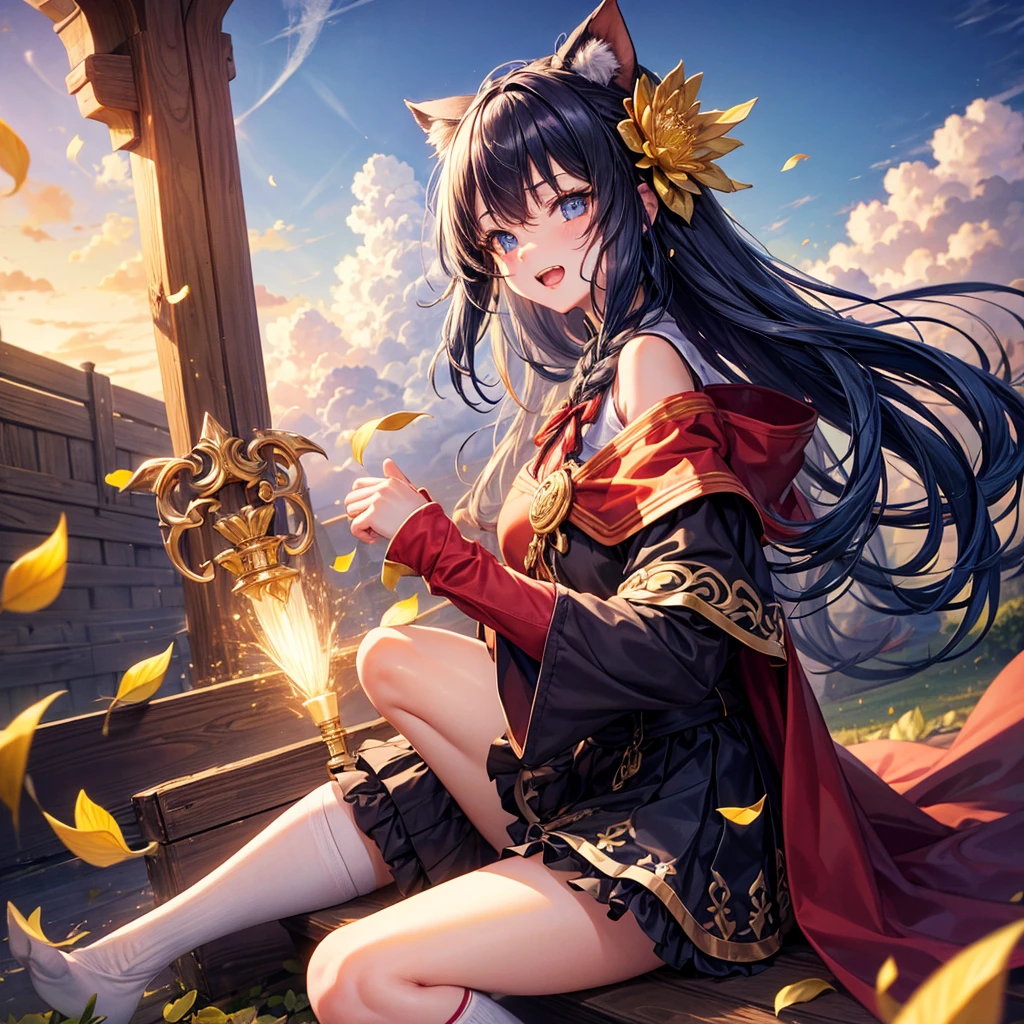 Blue Hair、Golden Eyes、Braid、One good looking girl、solo、anime、Checkered mini skirt、Ruffles on the skirt、Red T-shirt、Cape、Gothic、Black knee-high socks、bandana、Wearing a ribbon、Ribbon on waist、Tilting face、Teeth are visible、Sunset sky、Piercing the clouds、Contrail、tree、Touching your face、lotus leaves、Cumulonimbus、Pillar of Light、Magic wand、Sitting on a golden treasure chest、Throb