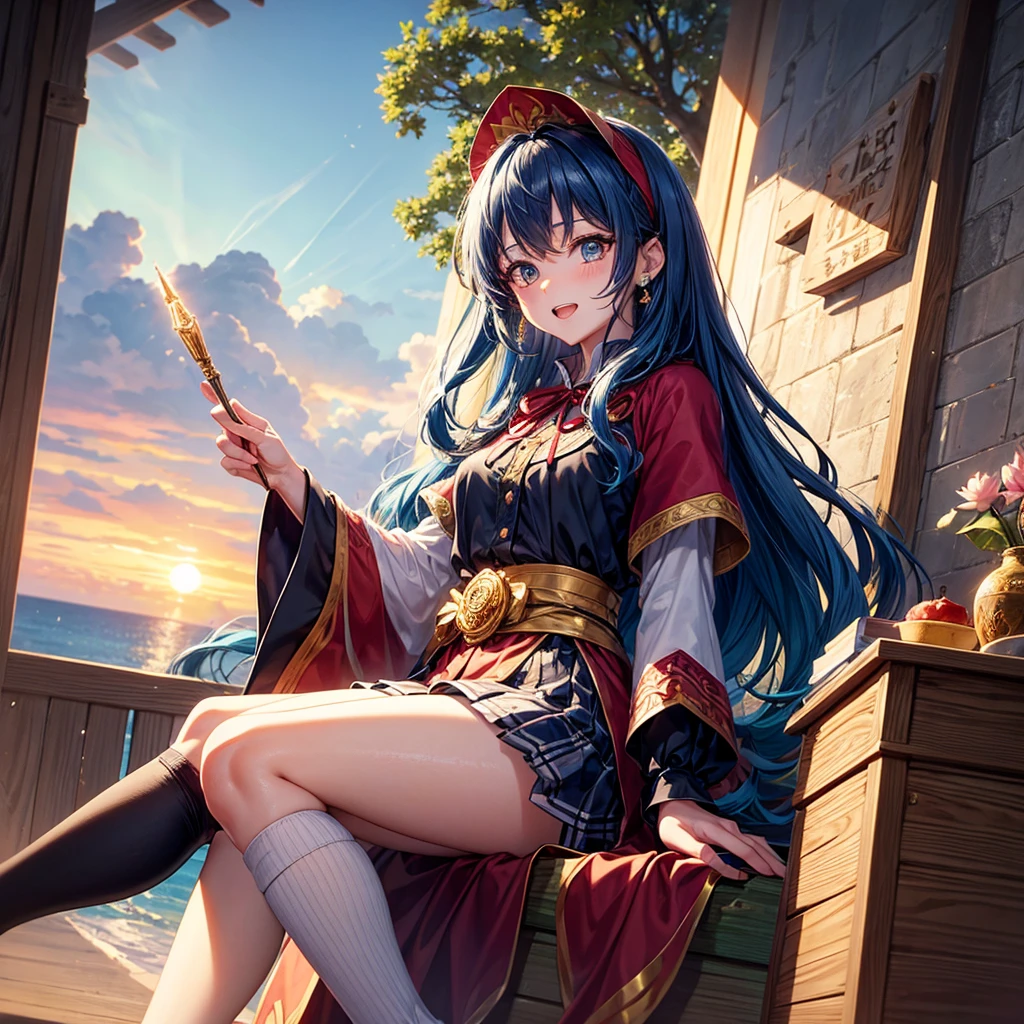 Blue Hair、Golden Eyes、Braid、One good looking girl、solo、anime、Checkered mini skirt、Ruffles on the skirt、Red T-shirt、Cape、Gothic、Black knee-high socks、bandana、Wearing a ribbon、Ribbon on waist、Tilting face、Teeth are visible、Sunset sky、Piercing the clouds、Contrail、tree、Touching your face、lotus leaves、Cumulonimbus、Pillar of Light、Magic wand、Sitting on a golden treasure chest、Throb