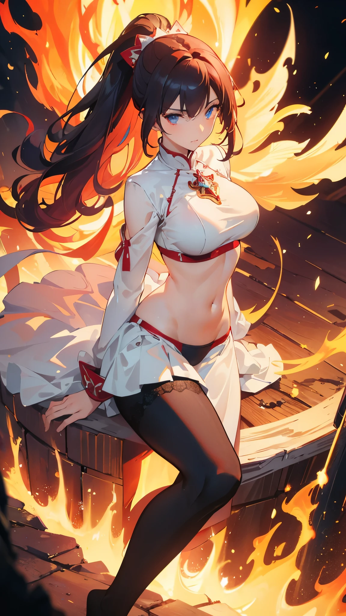 ((masterpiece, best quality)), Detailed face,Mage,whole body,Perfect body proportions,Large Breasts,Long legs,red,Double ponytail hair,beautiful eyes,Fantasy style,extremely beautiful,Pure white background,Surrounded by flames,Holy Light,crystal,transparent,Sex bikini,Lace,Pantyhose,exposed,Star decoration