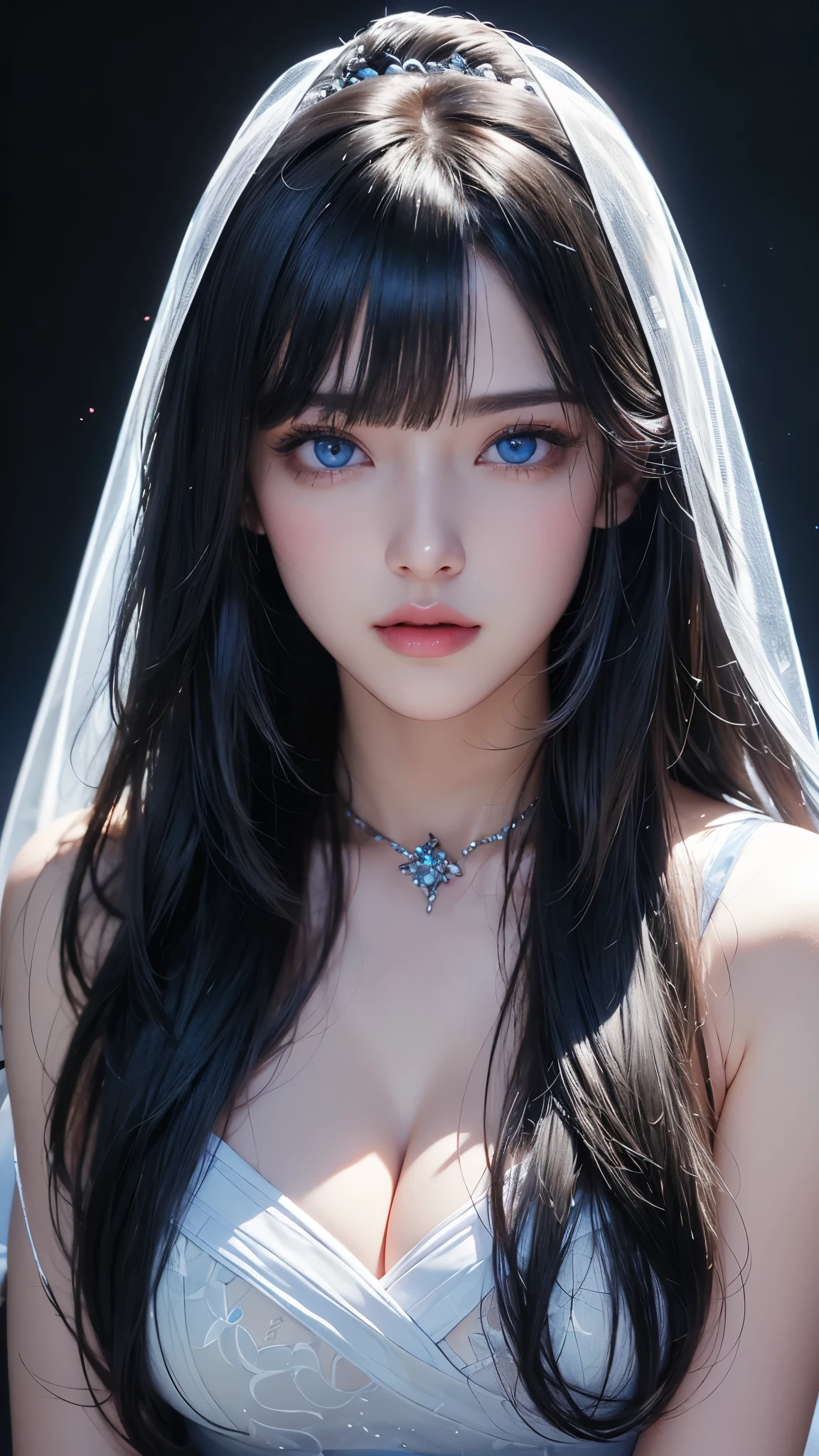 masterpiece, highest quality, Super detailed, Facing the camera, 複雑に詳細なSuper detailed, Realistic, Sharp features, Very detailed, Sharp focus, Perfect Face, Perfect Face, Perfect symmetrical perfect eyes, Perfect Plump Lips, Flexible female form, Cinematic, Film Light, Super detailed, hyper Realistic, masterpiece, Atmospheric, High resolution, Vibrant, Dynamic Studio Lighting, ((Dark Background)), The expression when enduring pleasure, Straight bangs, blue eyes,Cowboy Shot,Sexually aroused expression、White Wedding Dress