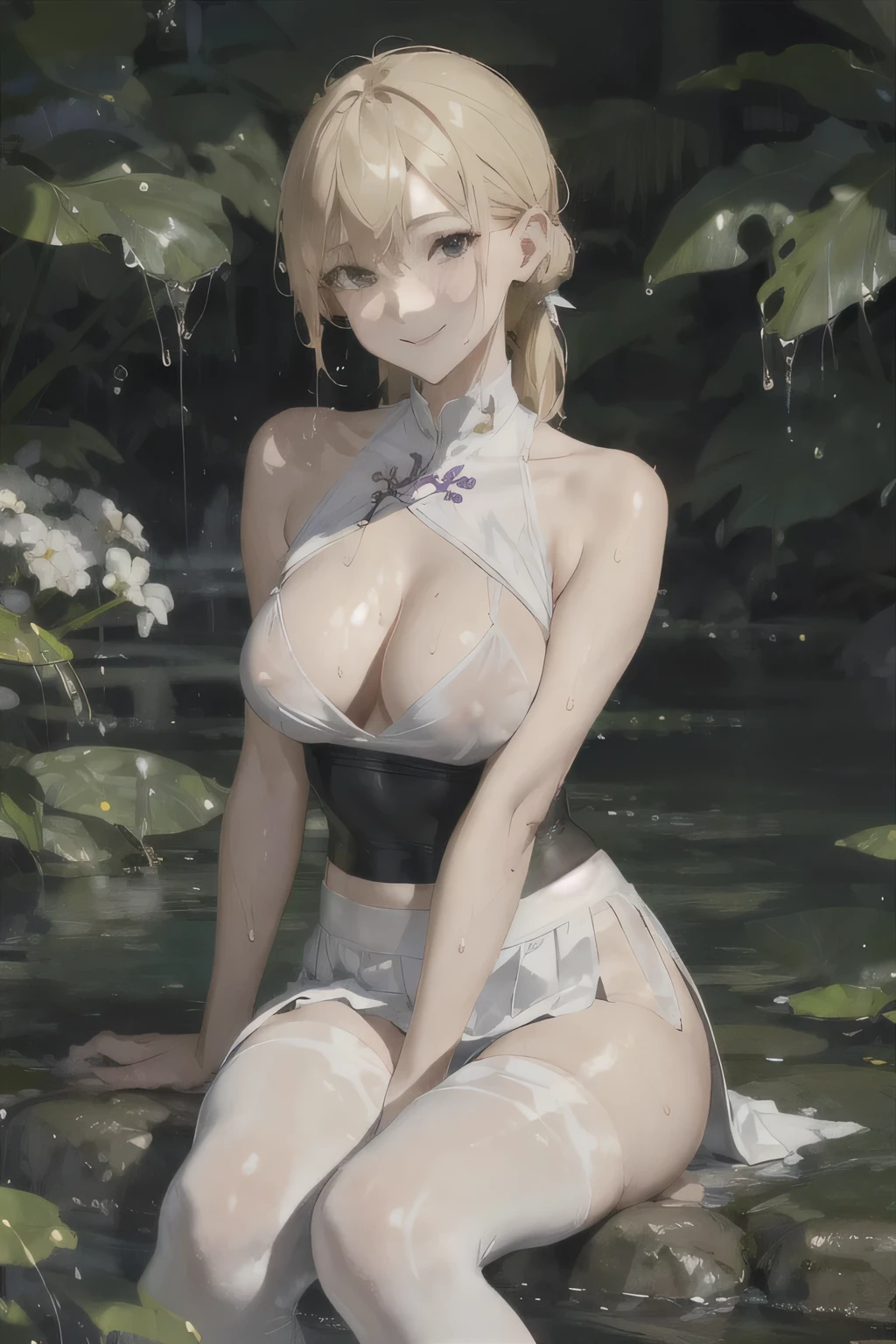 female,Round Face,Solitary,sports,Relax,blond,elegant,whole body,Chinese element pattern,(Open your legs),(((Exposing thighs))),full,Transparent hollow deep V camisole top,((White skirt)),stocking,leggings,(Brushstrokes,Impressionism,painting,Rich scenery),Disheveled,Chest contour,(((Wet clothing))),(((Ultra-thin clothing))),((Flesh outline)),Grinning