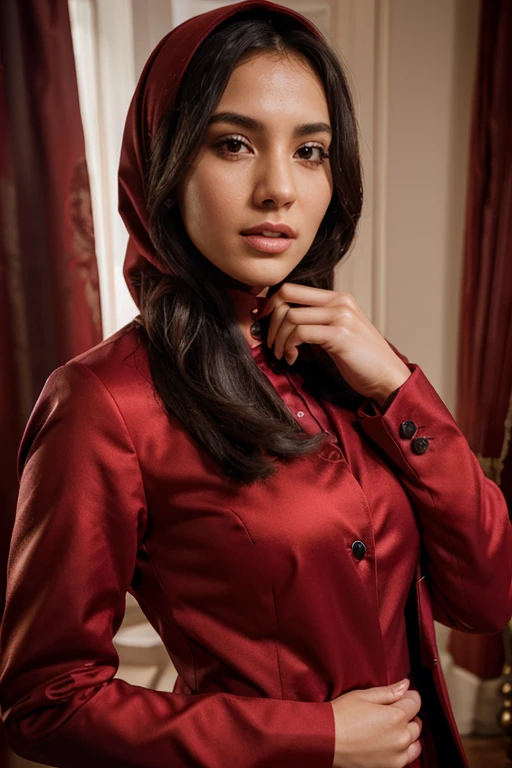 Formal picture of a woman wear red tuxedos and hijab hyper realistic portrait