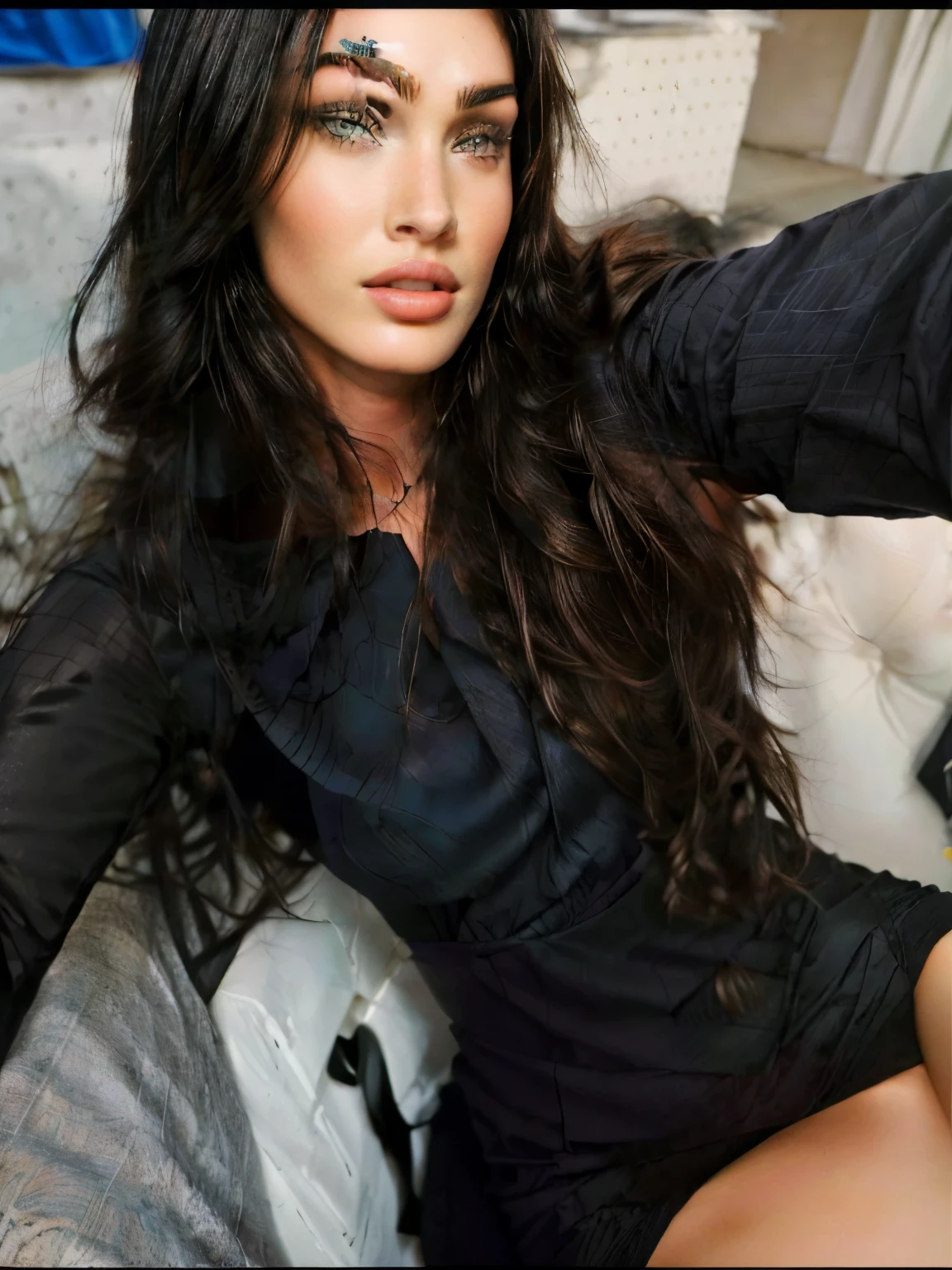 There is a woman who is taking a selfie in a black dress, 18 years, Megan Fox young, belleza impresionante, atractiva, beautiful doll, modelo, 21 years, 22 years, ((small face)), beautiful young man with blue eyes, ojos detallados hermosos, labios gruesos, buena chica joven
