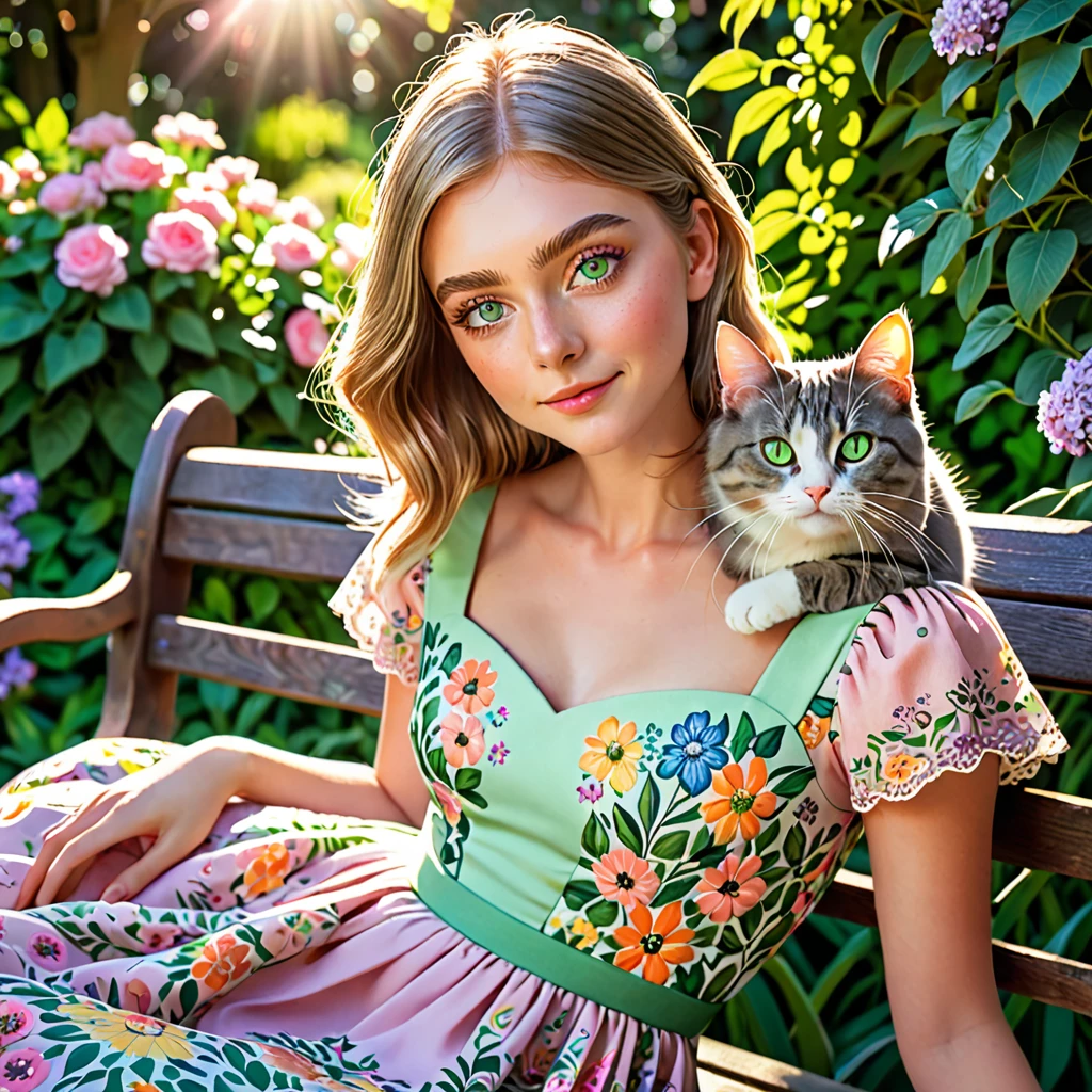 a girl with a cat, detailed facial features, green eyes, long eyelashes, cute expression, sitting on a garden bench, sunlight filtering through the trees, colorful flowers in the background, intricate floral patterns on her dress, soft pastel color palette, cinematic lighting, photorealistic, highly detailed, 8k, best quality, masterpiece