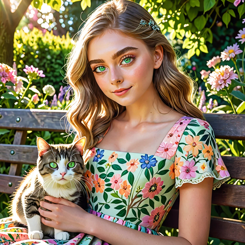 a girl with a cat, detailed facial features, green eyes, long eyelashes, cute expression, sitting on a garden bench, sunlight filtering through the trees, colorful flowers in the background, intricate floral patterns on her dress, soft pastel color palette, cinematic lighting, photorealistic, highly detailed, 8k, best quality, masterpiece